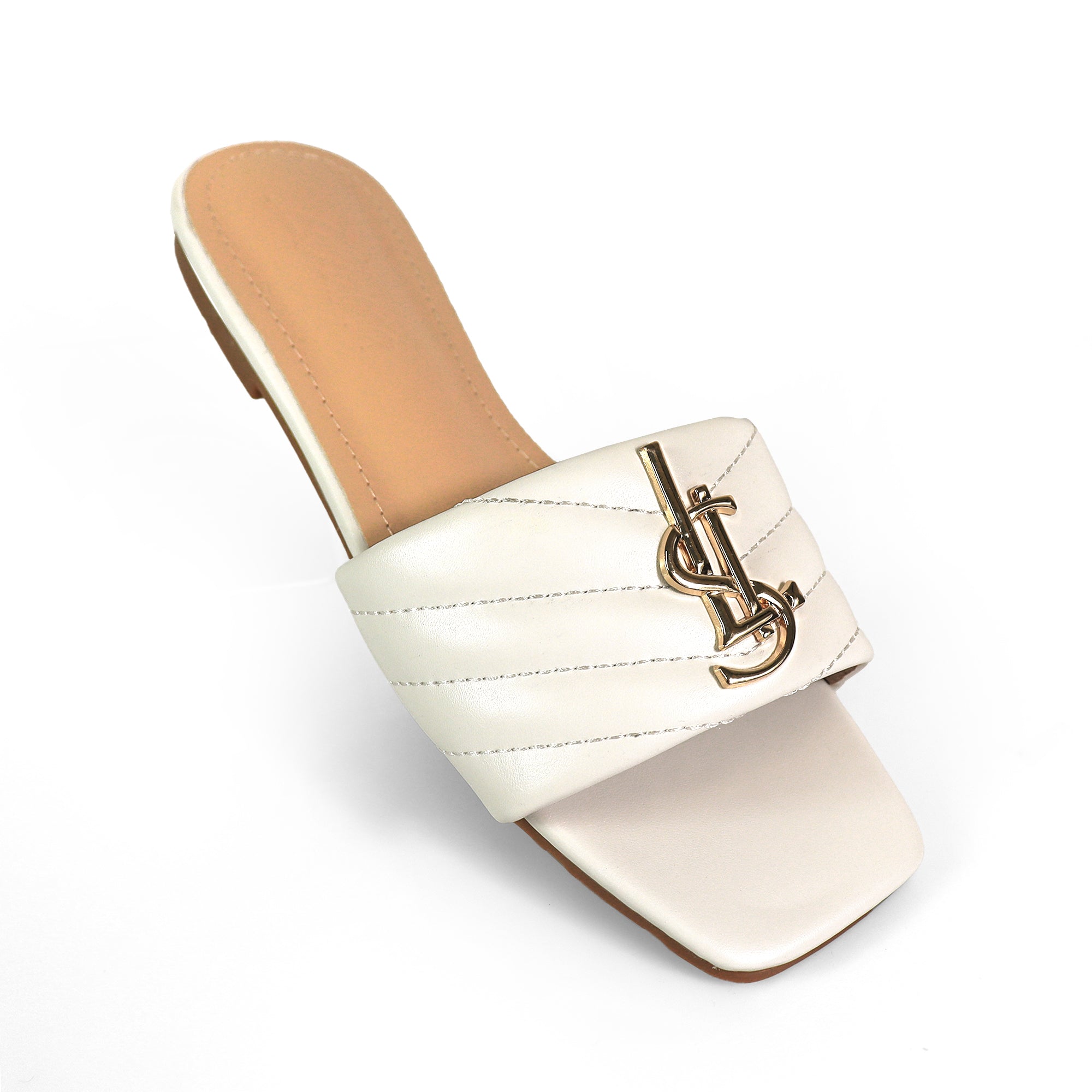KYRA-5 QUILTED BUCKLED SLIDE WHIT