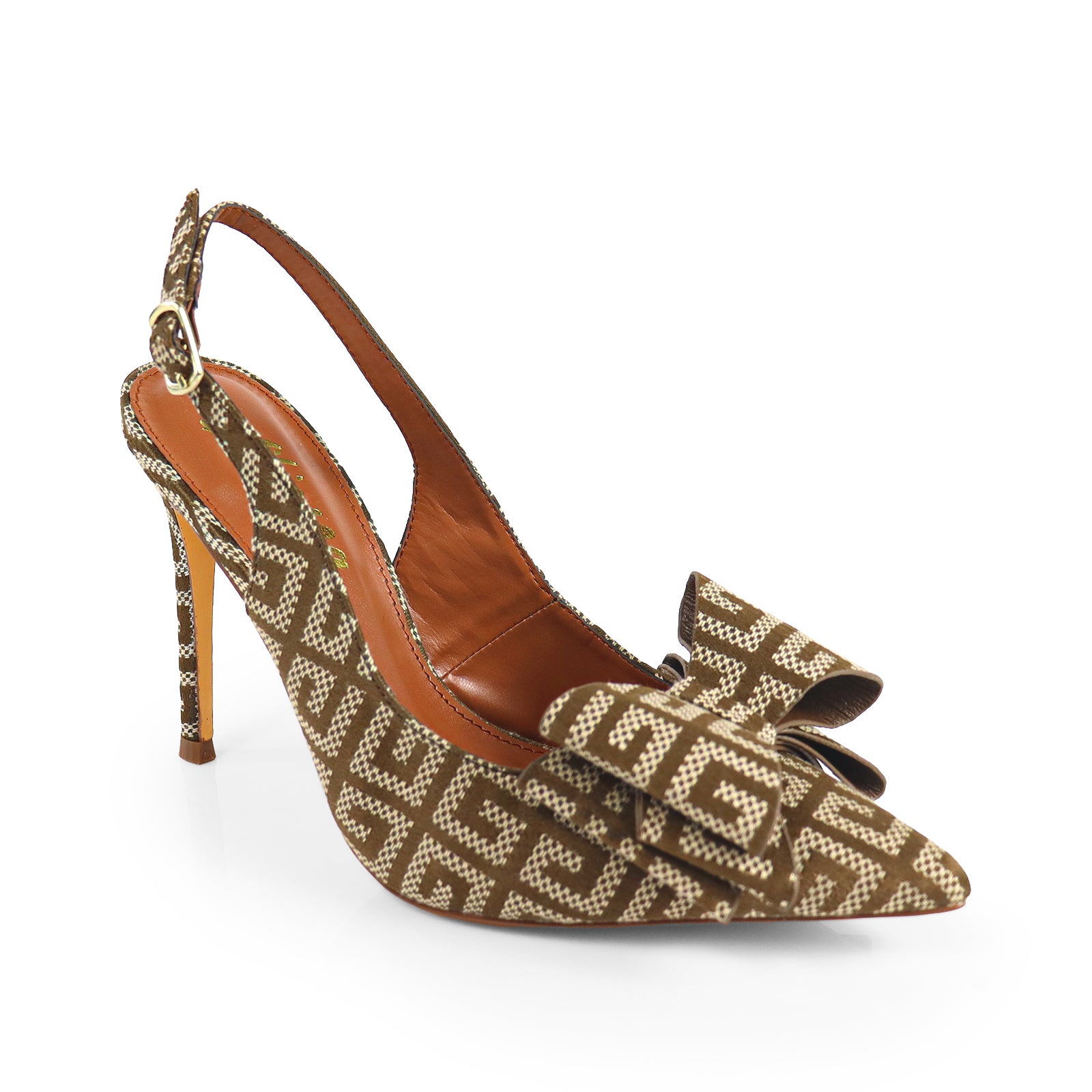 LANA-1 POINTED TOE BOW BACK STRAP PUMP MONOGRAM