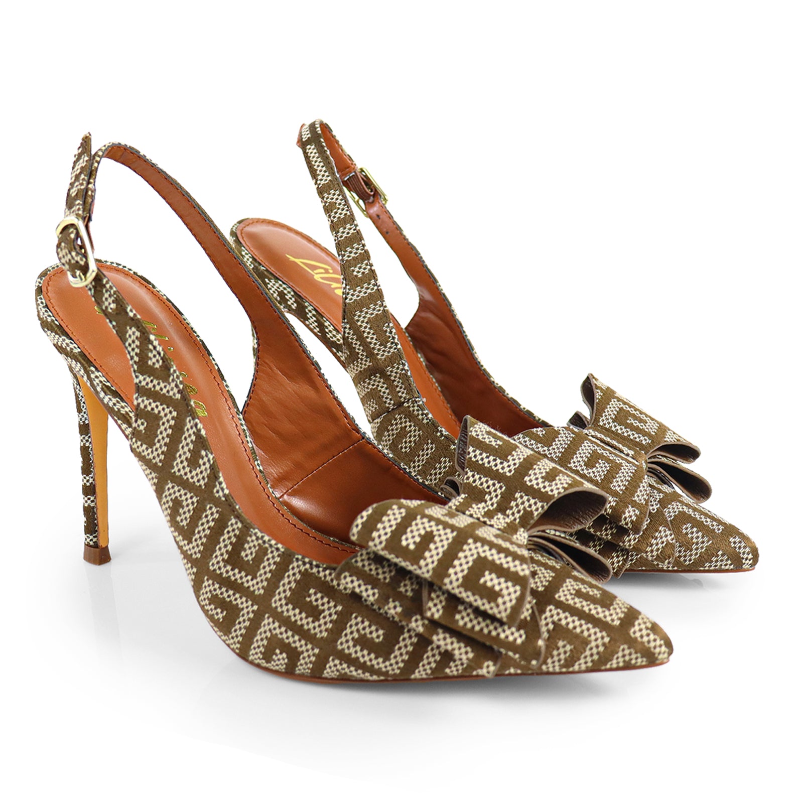 LANA-1 POINTED TOE BOW BACK STRAP PUMP MONOGRAM