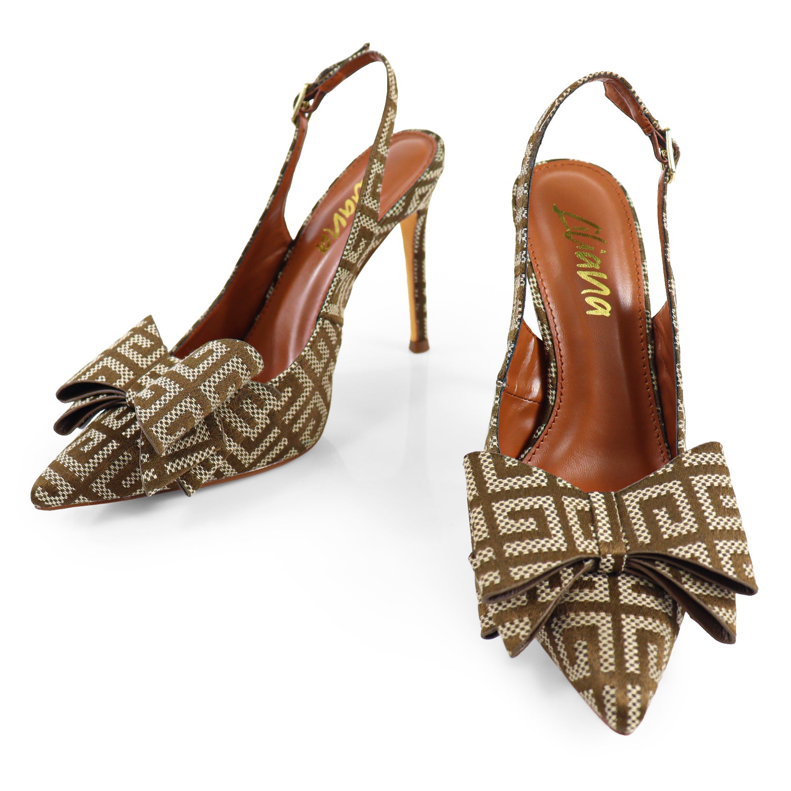 LANA-1 POINTED TOE BOW BACK STRAP PUMP MONOGRAM