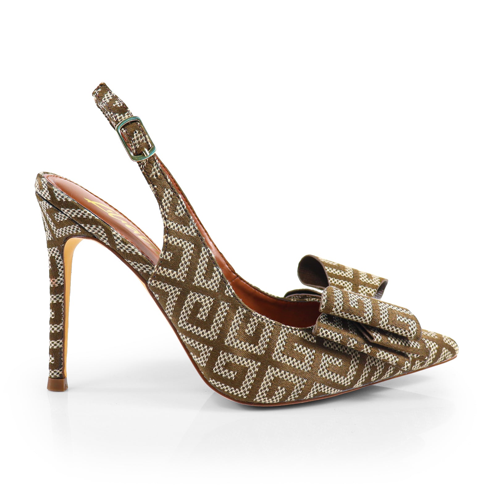 LANA-1 POINTED TOE BOW BACK STRAP PUMP MONOGRAM
