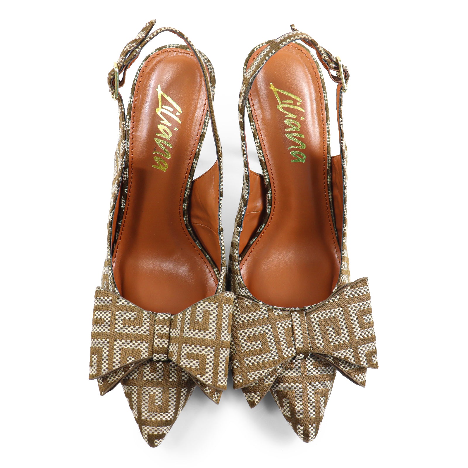 LANA-1 POINTED TOE BOW BACK STRAP PUMP MONOGRAM