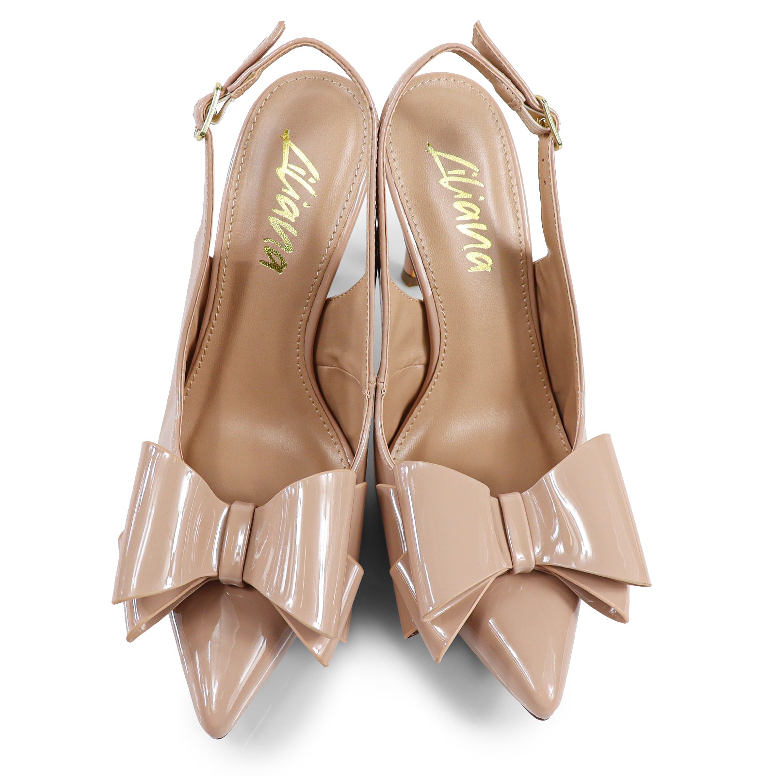 LANA-1 POINTED TOE BOW BACK STRAP PUMP NUDE