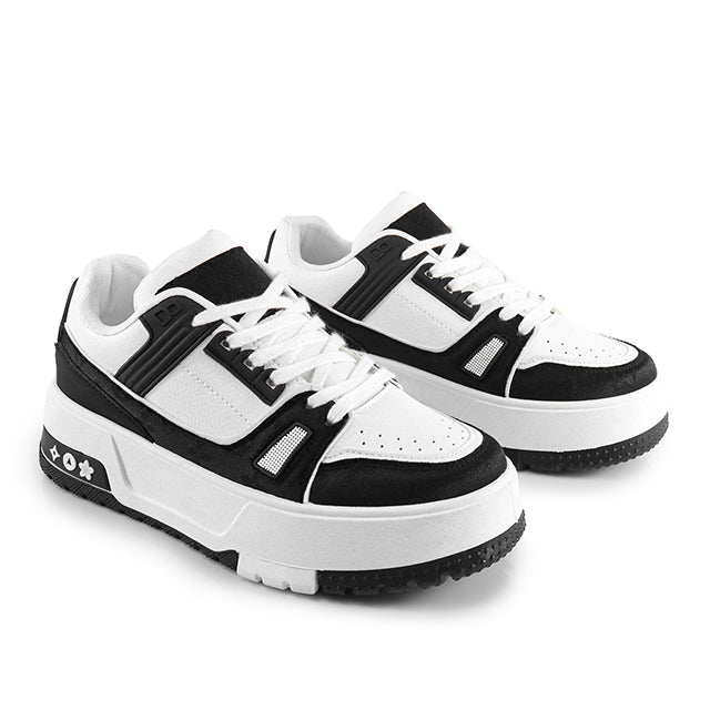 LANDA-2 CLASSIC WHITE SNEAKER PRINTED PATTERN W/ THICK PLATFORM BLACK
