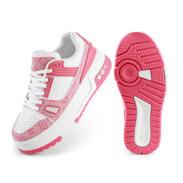 LANDA-2 CLASSIC WHITE SNEAKER PRINTED PATTERN W/ THICK PLATFORM PINK