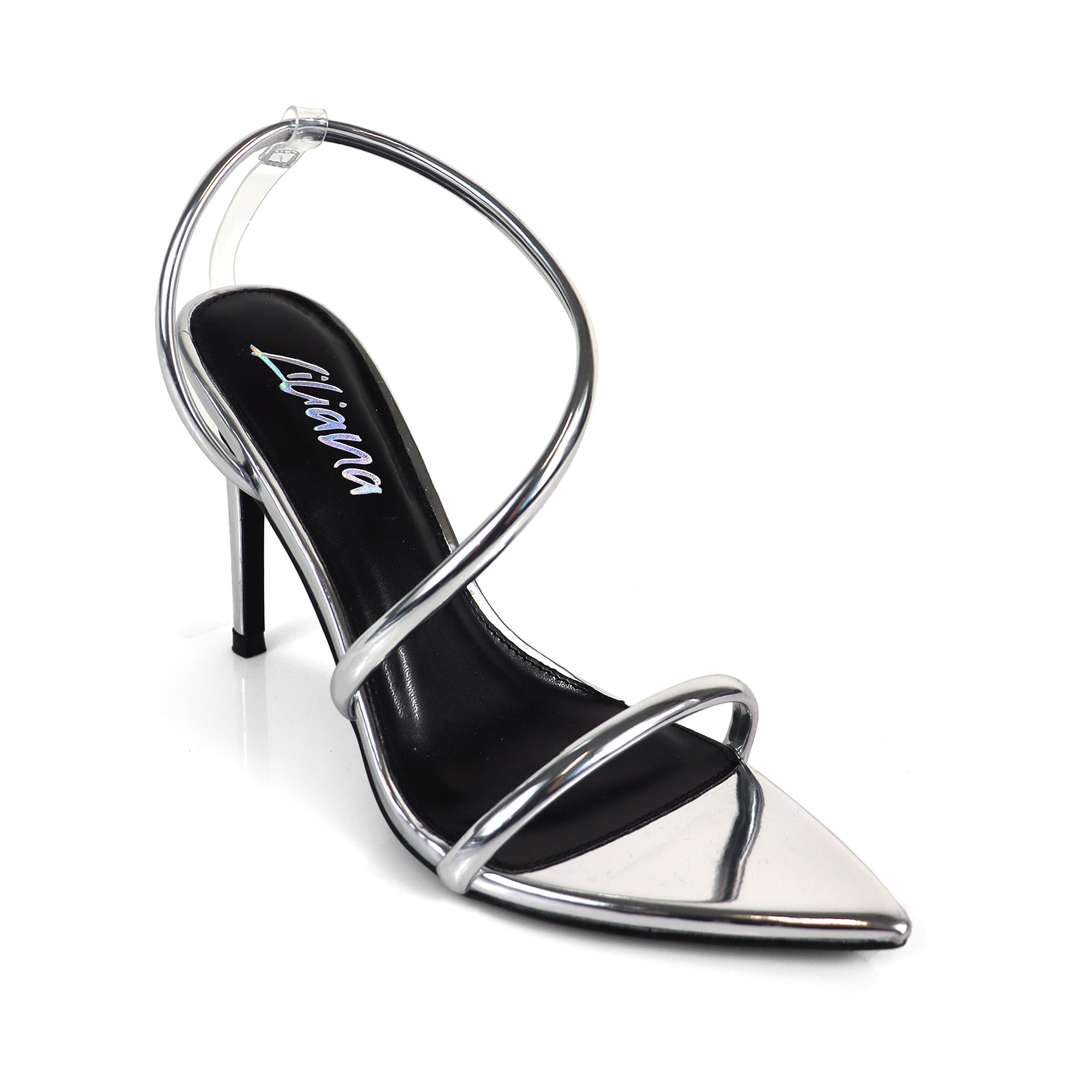 LAUCIA-38 POINTY OPEN TOE ANKLE STRAP W/ STILETTO HEEL SILVER