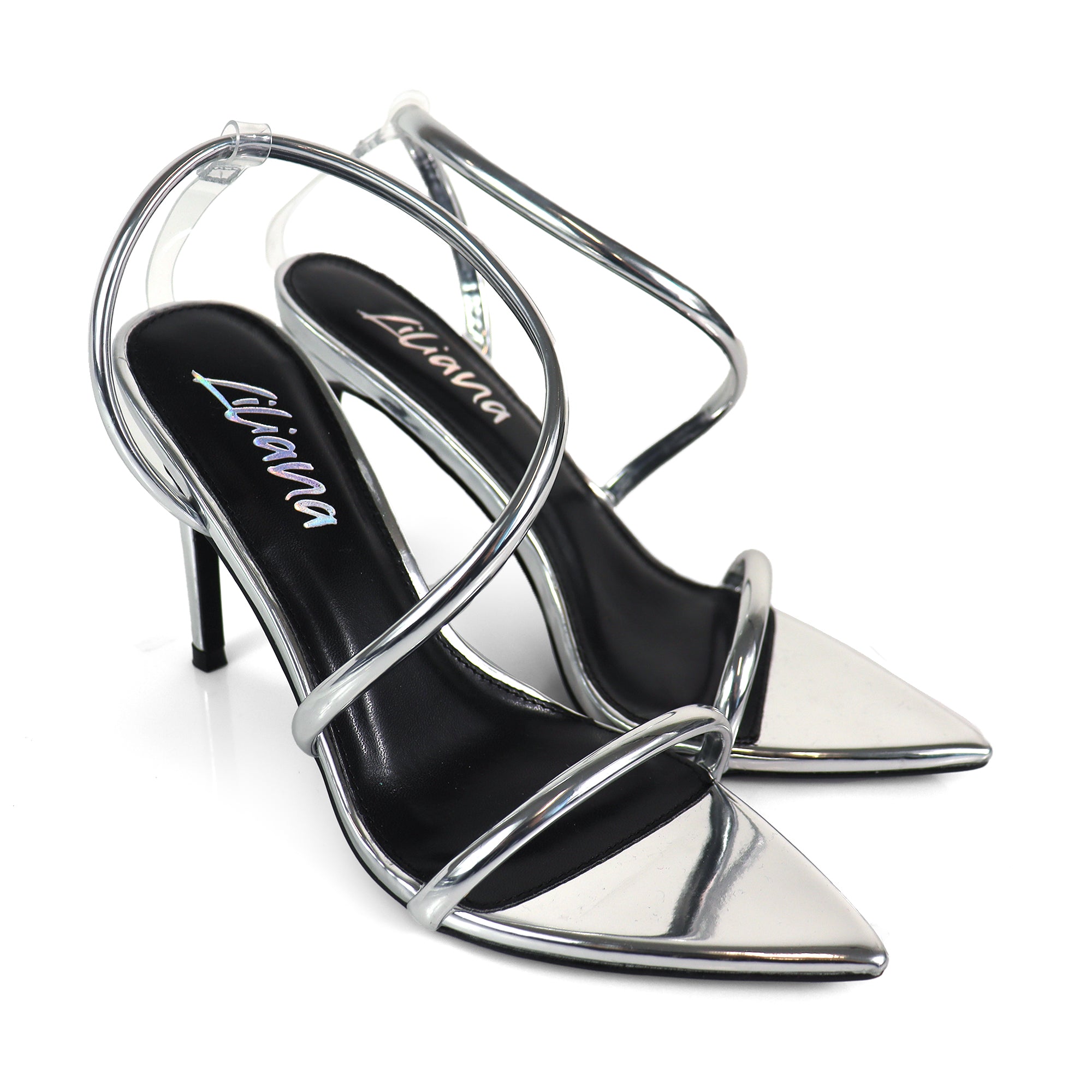 LAUCIA-38 POINTY OPEN TOE ANKLE STRAP W/ STILETTO HEEL SILVER