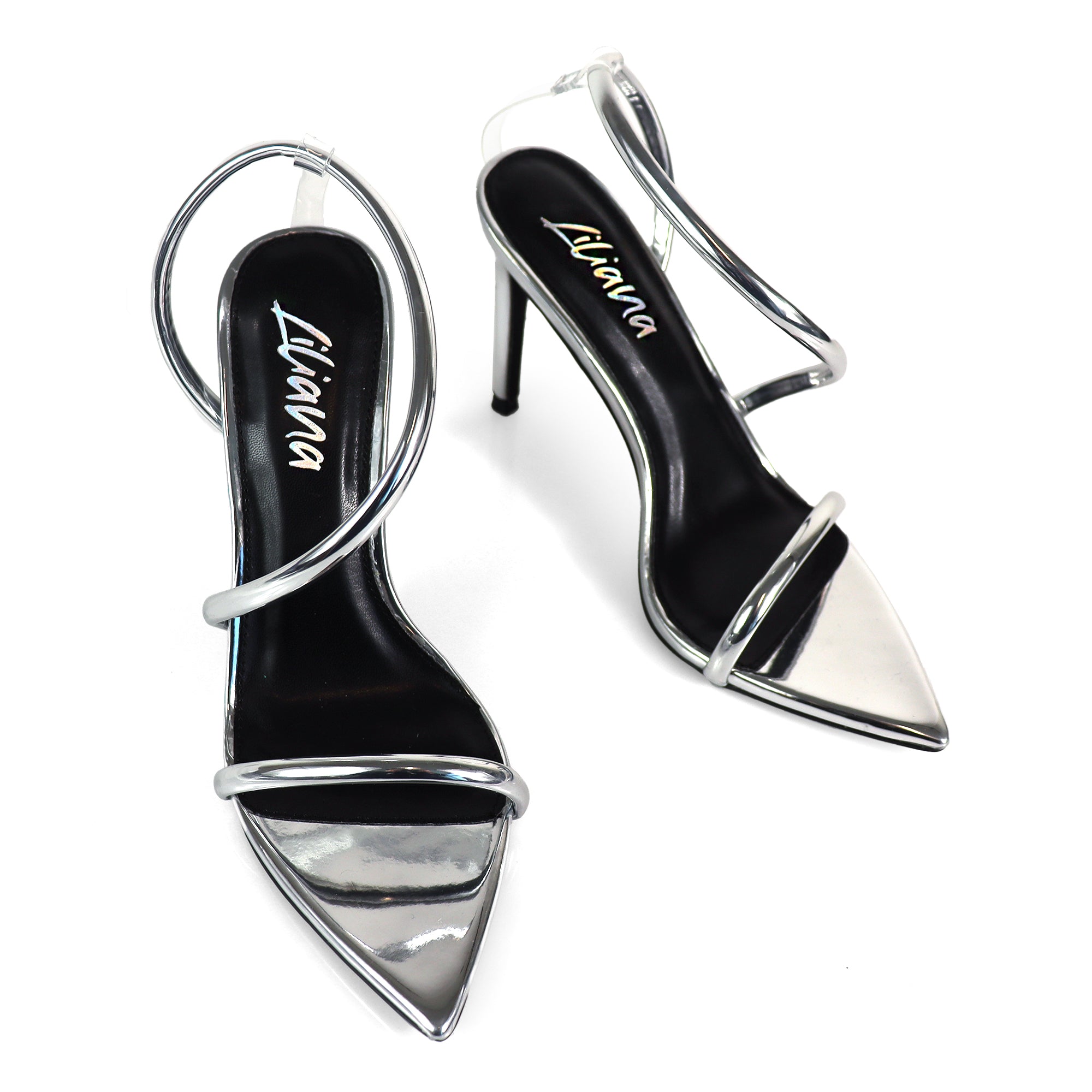 LAUCIA-38 POINTY OPEN TOE ANKLE STRAP W/ STILETTO HEEL SILVER