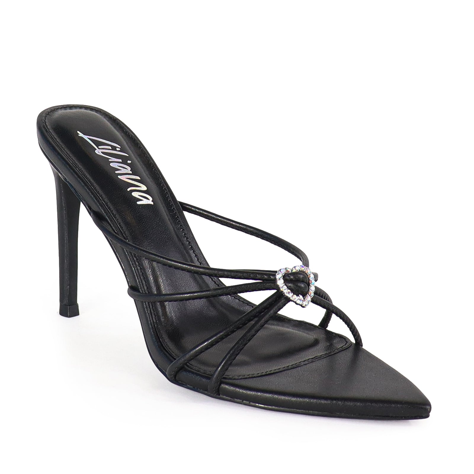 LAUCIA-4 POINTY TOE STRAPPY CROSS OVER CRYSTAL HEART WITH STILETTO MULE-BLACK