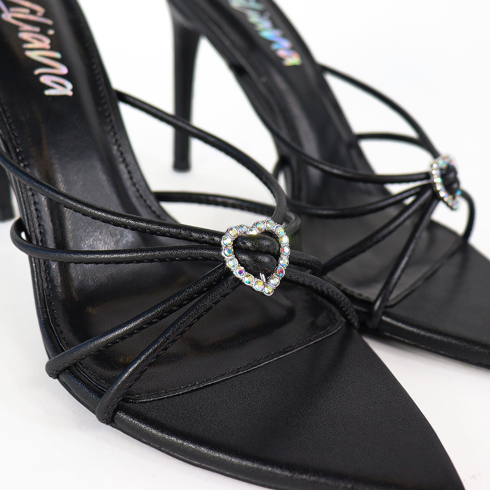 LAUCIA-4 POINTY TOE STRAPPY CROSS OVER CRYSTAL HEART WITH STILETTO MULE-BLACK