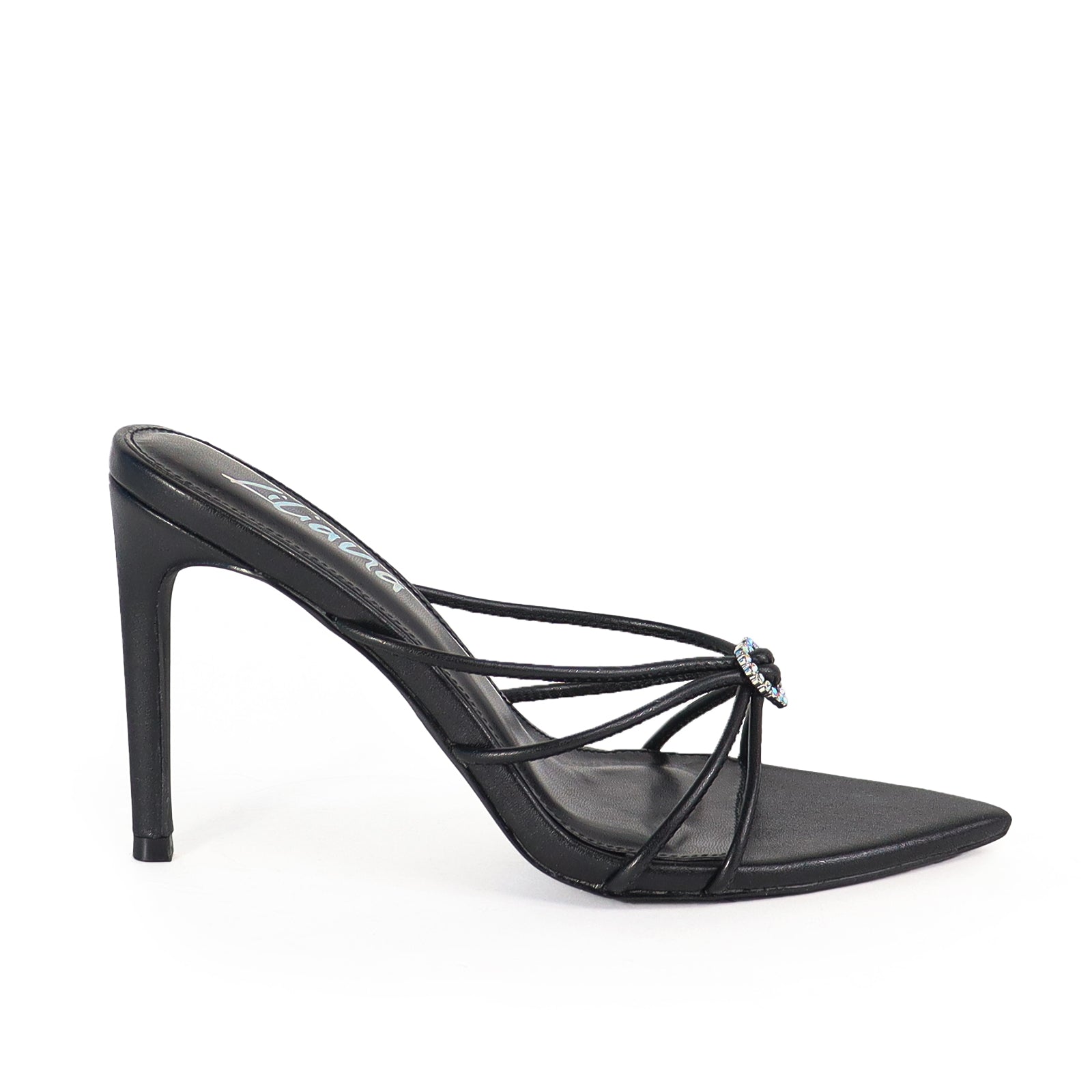 LAUCIA-4 POINTY TOE STRAPPY CROSS OVER CRYSTAL HEART WITH STILETTO MULE-BLACK