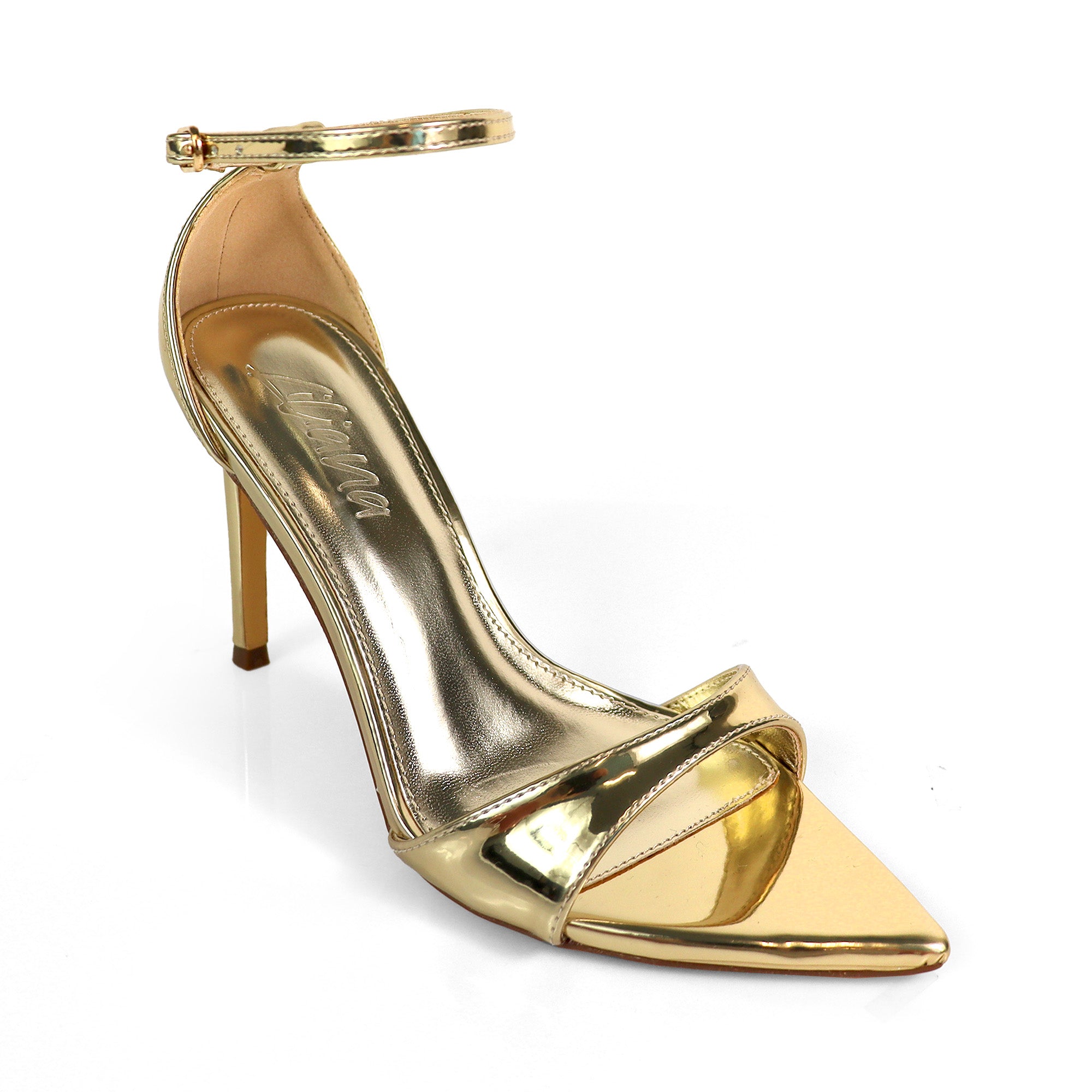 LAUCIA-41 POINTED TOE ANKLE STRAP W/ STILETTO HEEL GOLD