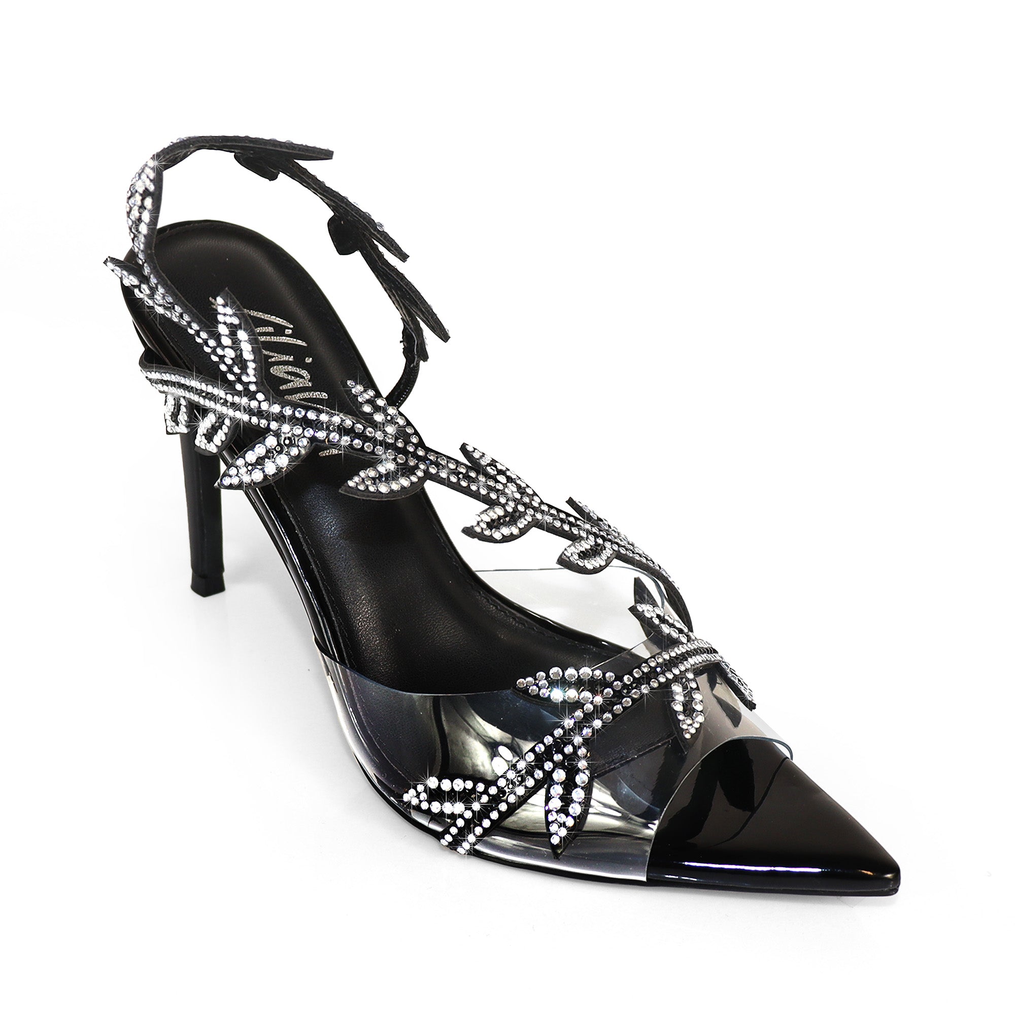 LAUCIA-42 POINTED TOE ANKLE RHINESTONE LEAVES STRAP W/STILETTO HEEL BLACK