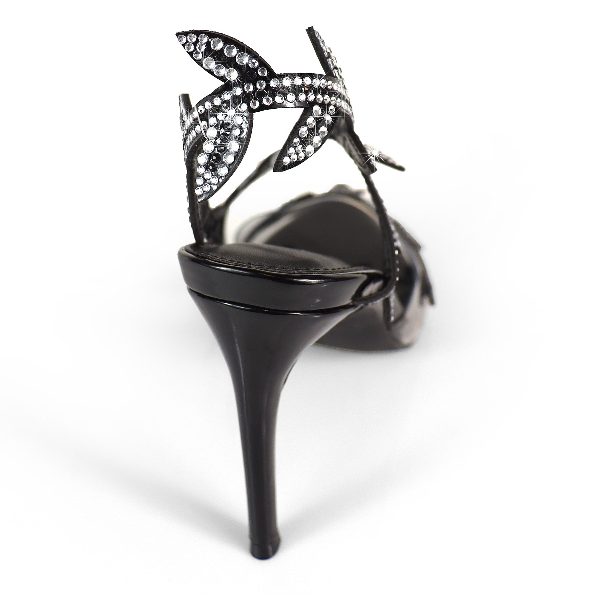 LAUCIA-42 POINTED TOE ANKLE RHINESTONE LEAVES STRAP W/STILETTO HEEL BLACK