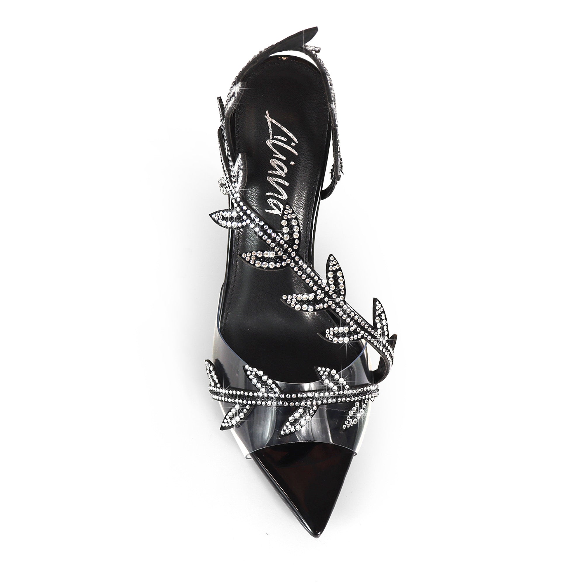 LAUCIA-42 POINTED TOE ANKLE RHINESTONE LEAVES STRAP W/STILETTO HEEL BLACK