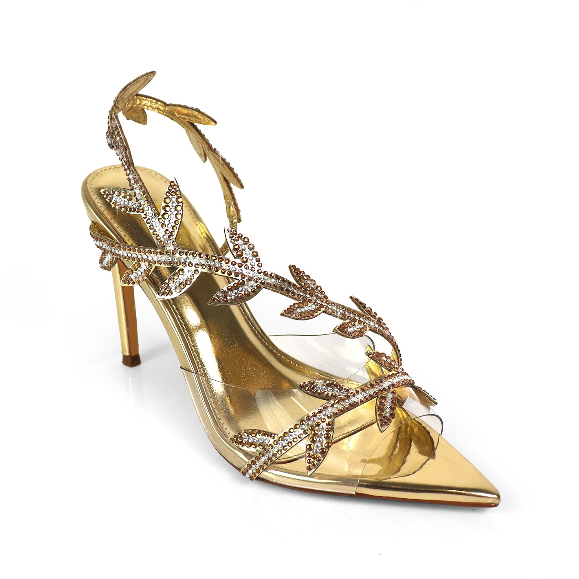 LAUCIA-42 POINTED TOE ANKLE RHINESTONE LEAVES STRAP W/STILETTO HEEL GOLD