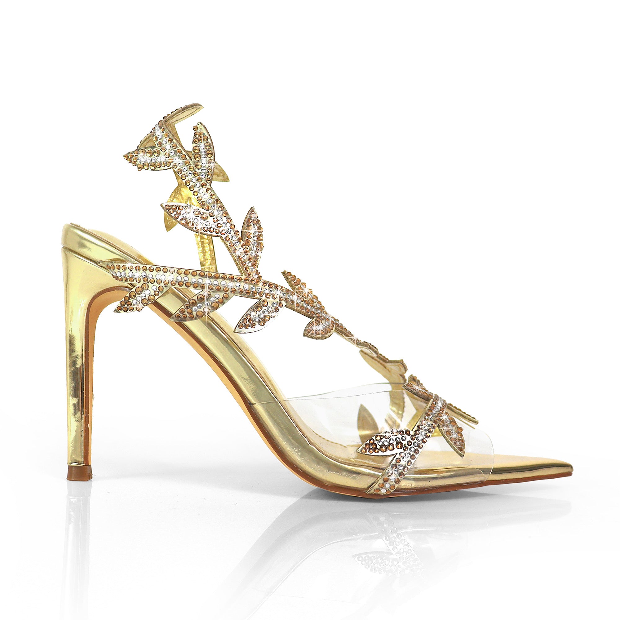 LAUCIA-42 POINTED TOE ANKLE RHINESTONE LEAVES STRAP W/STILETTO HEEL GOLD