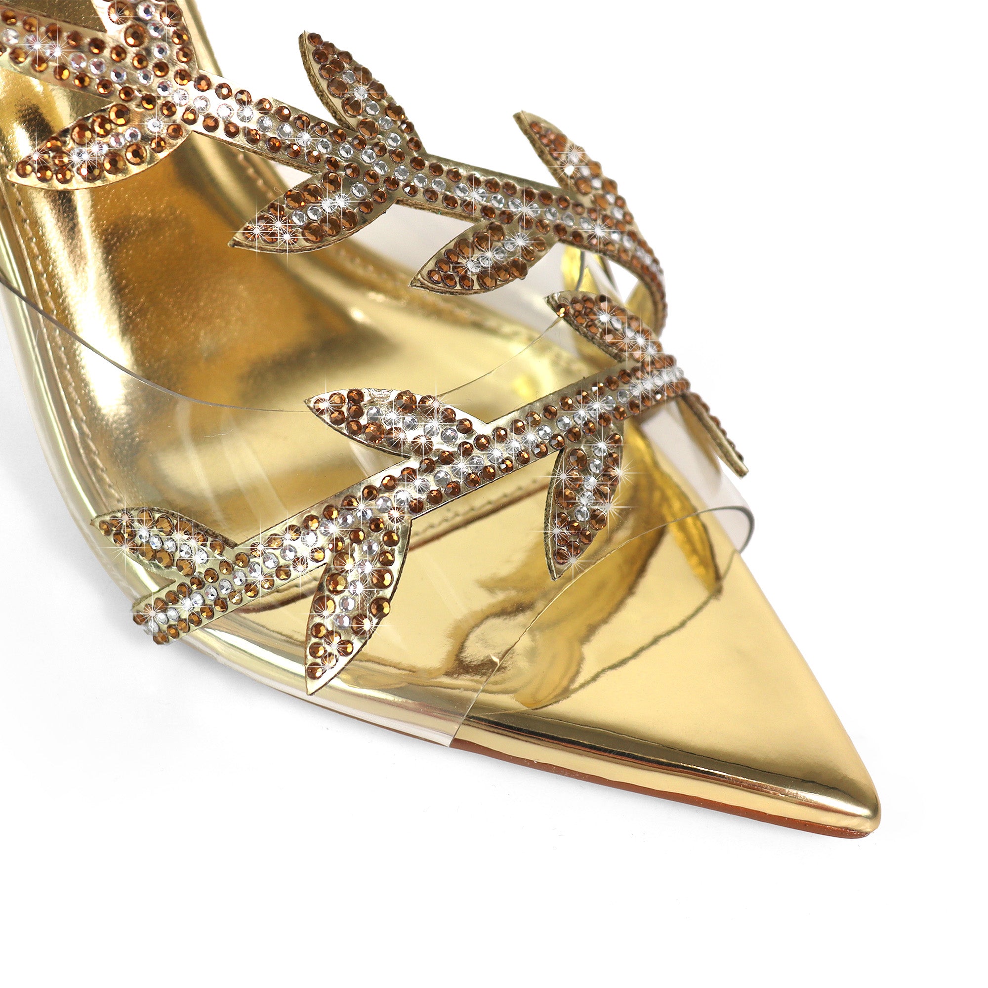 LAUCIA-42 POINTED TOE ANKLE RHINESTONE LEAVES STRAP W/STILETTO HEEL GOLD