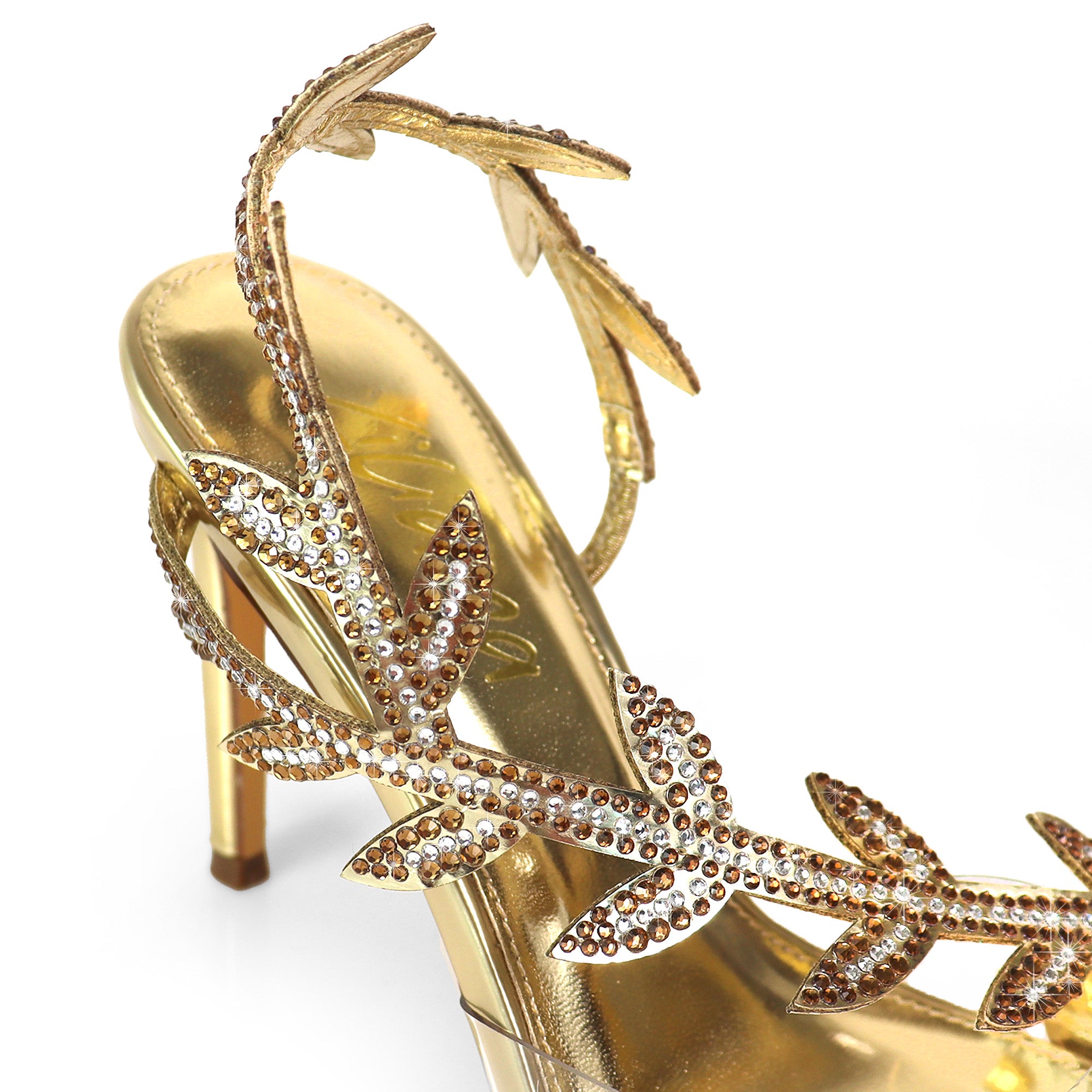 LAUCIA-42 POINTED TOE ANKLE RHINESTONE LEAVES STRAP W/STILETTO HEEL GOLD