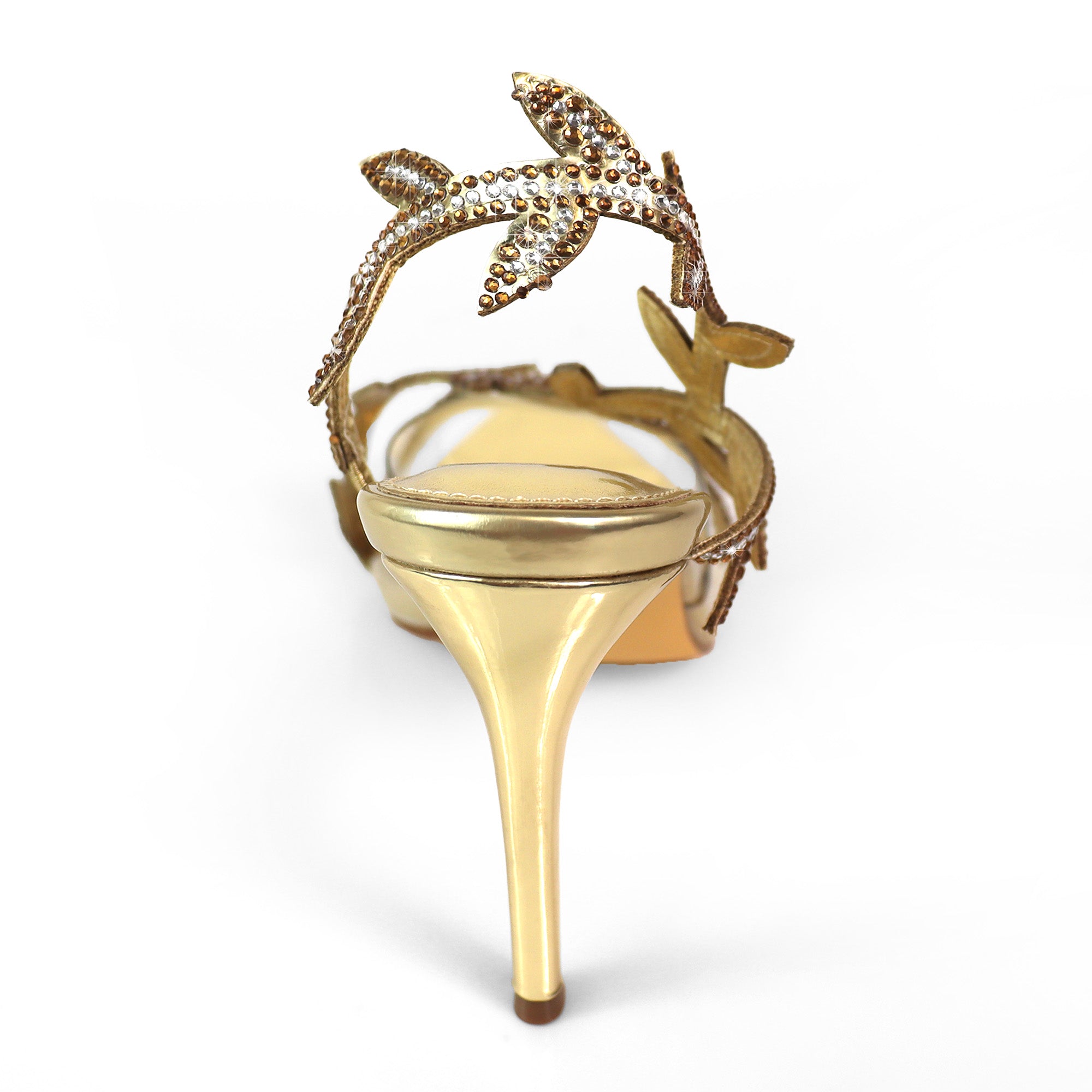 LAUCIA-42 POINTED TOE ANKLE RHINESTONE LEAVES STRAP W/STILETTO HEEL GOLD