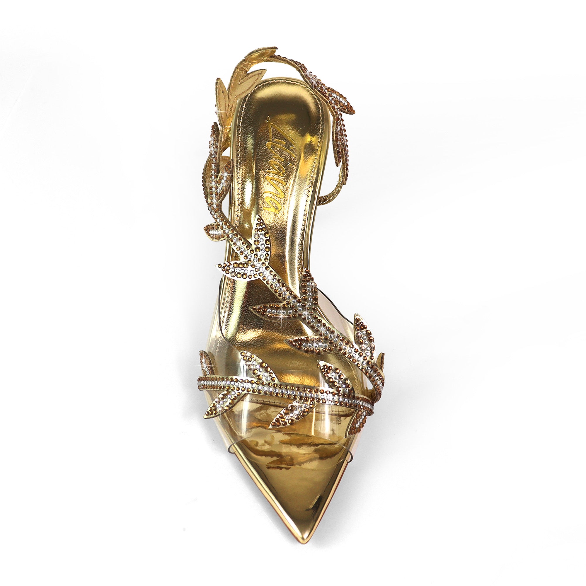 LAUCIA-42 POINTED TOE ANKLE RHINESTONE LEAVES STRAP W/STILETTO HEEL GOLD