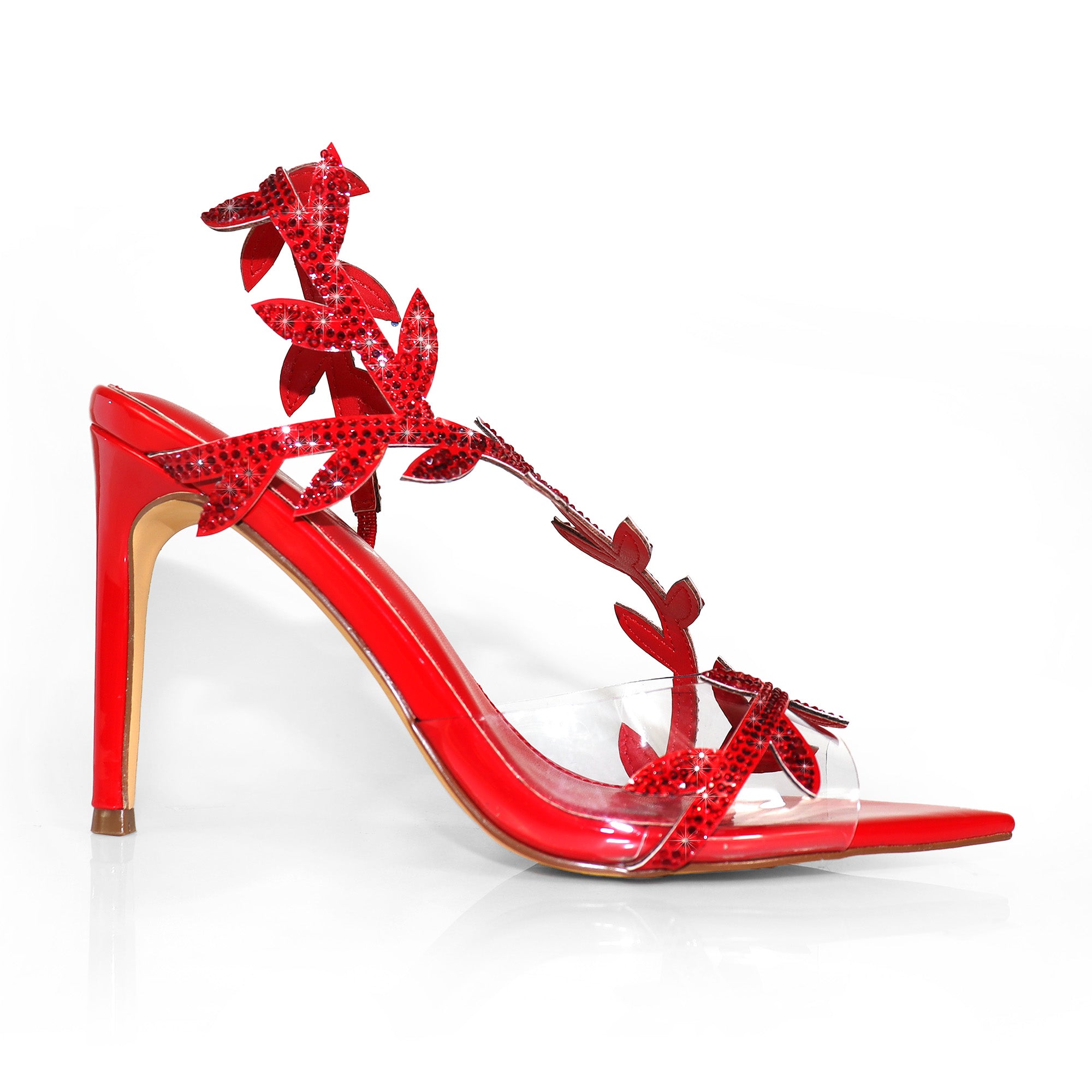 LAUCIA-42 POINTED TOE ANKLE RHINESTONE LEAVES STRAP W/STILETTO HEEL RED