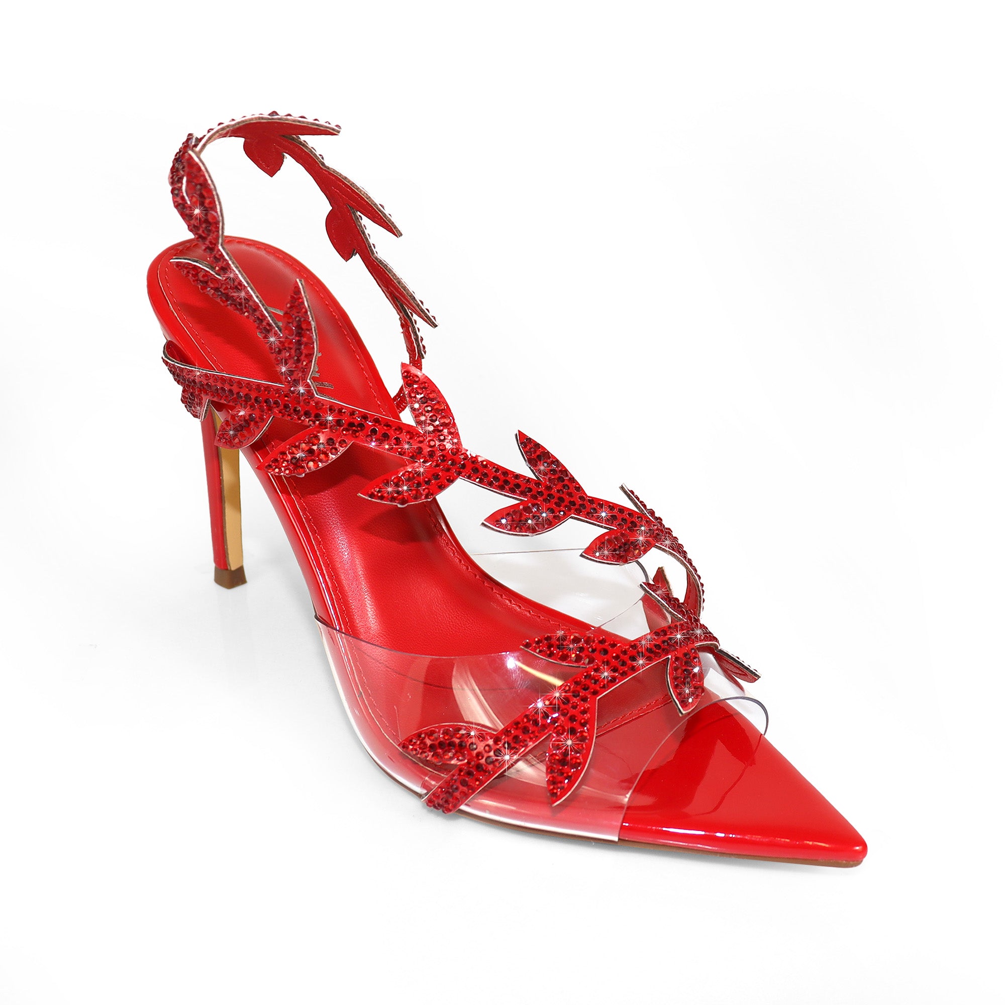 LAUCIA-42 POINTED TOE ANKLE RHINESTONE LEAVES STRAP W/STILETTO HEEL RED