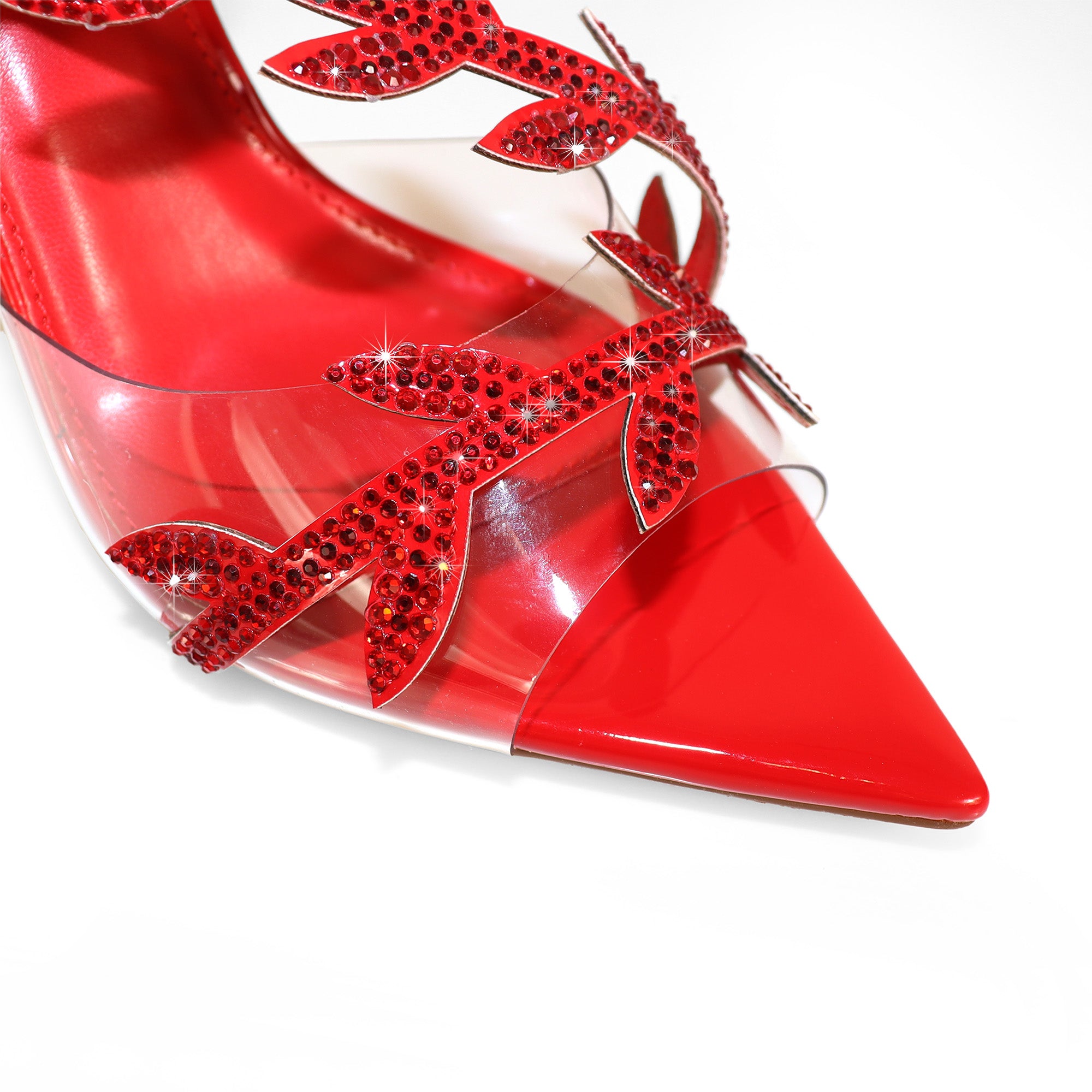 LAUCIA-42 POINTED TOE ANKLE RHINESTONE LEAVES STRAP W/STILETTO HEEL RED