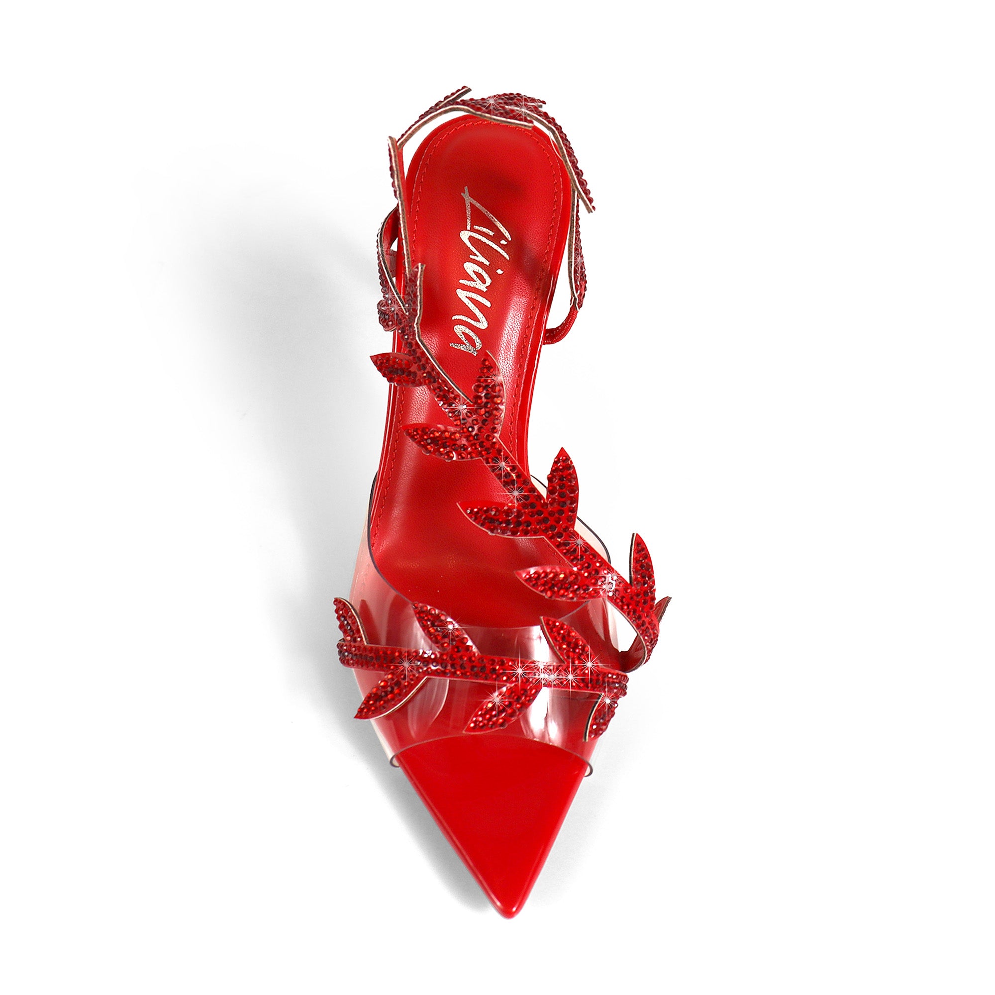 LAUCIA-42 POINTED TOE ANKLE RHINESTONE LEAVES STRAP W/STILETTO HEEL RED