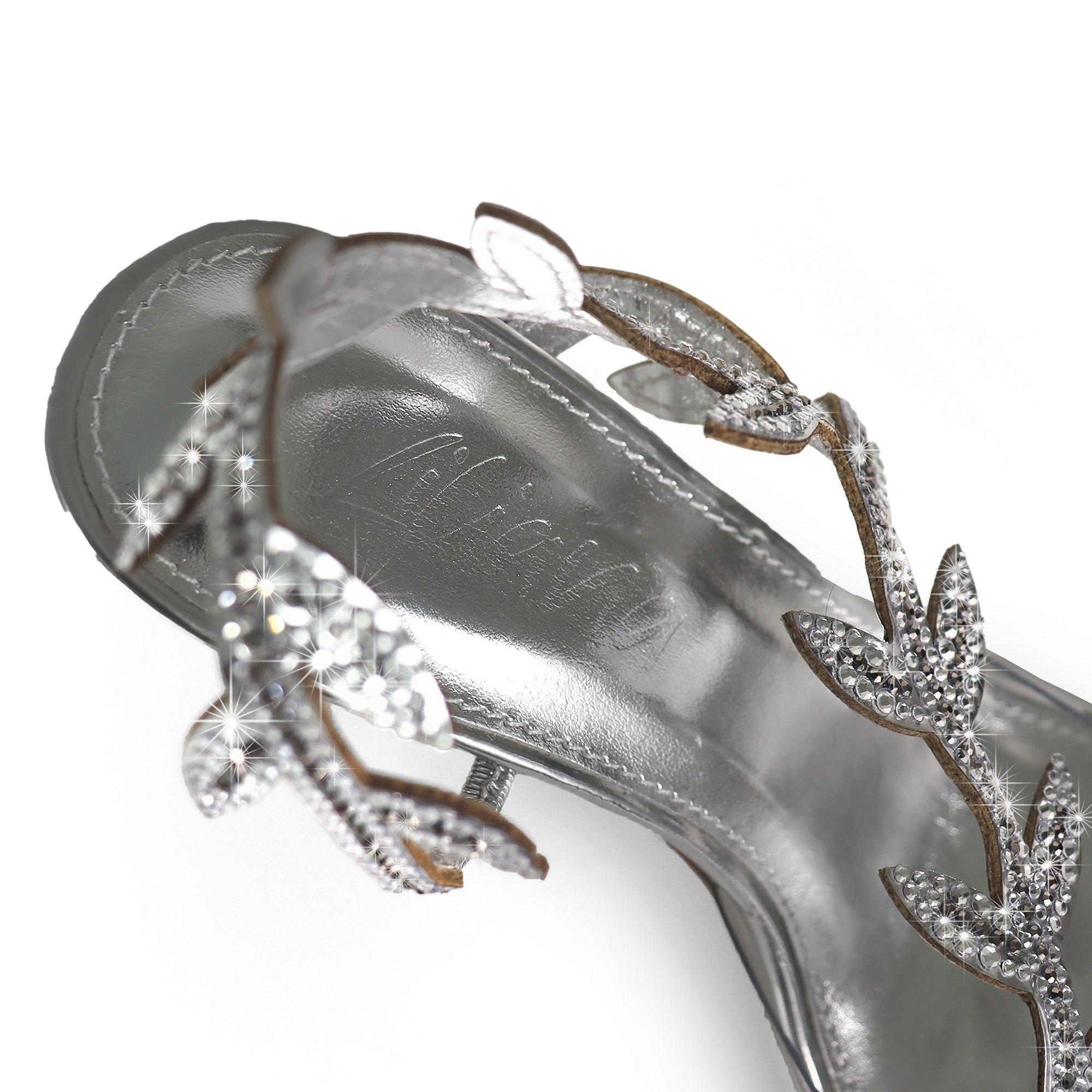 LAUCIA-42 POINTED TOE ANKLE RHINESTONE LEAVES STRAP W/STILETTO HEEL SILVER
