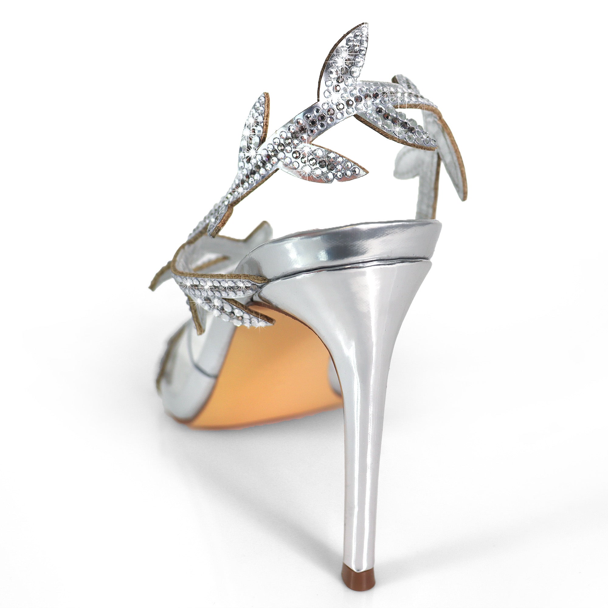 LAUCIA-42 POINTED TOE ANKLE RHINESTONE LEAVES STRAP W/STILETTO HEEL SILVER