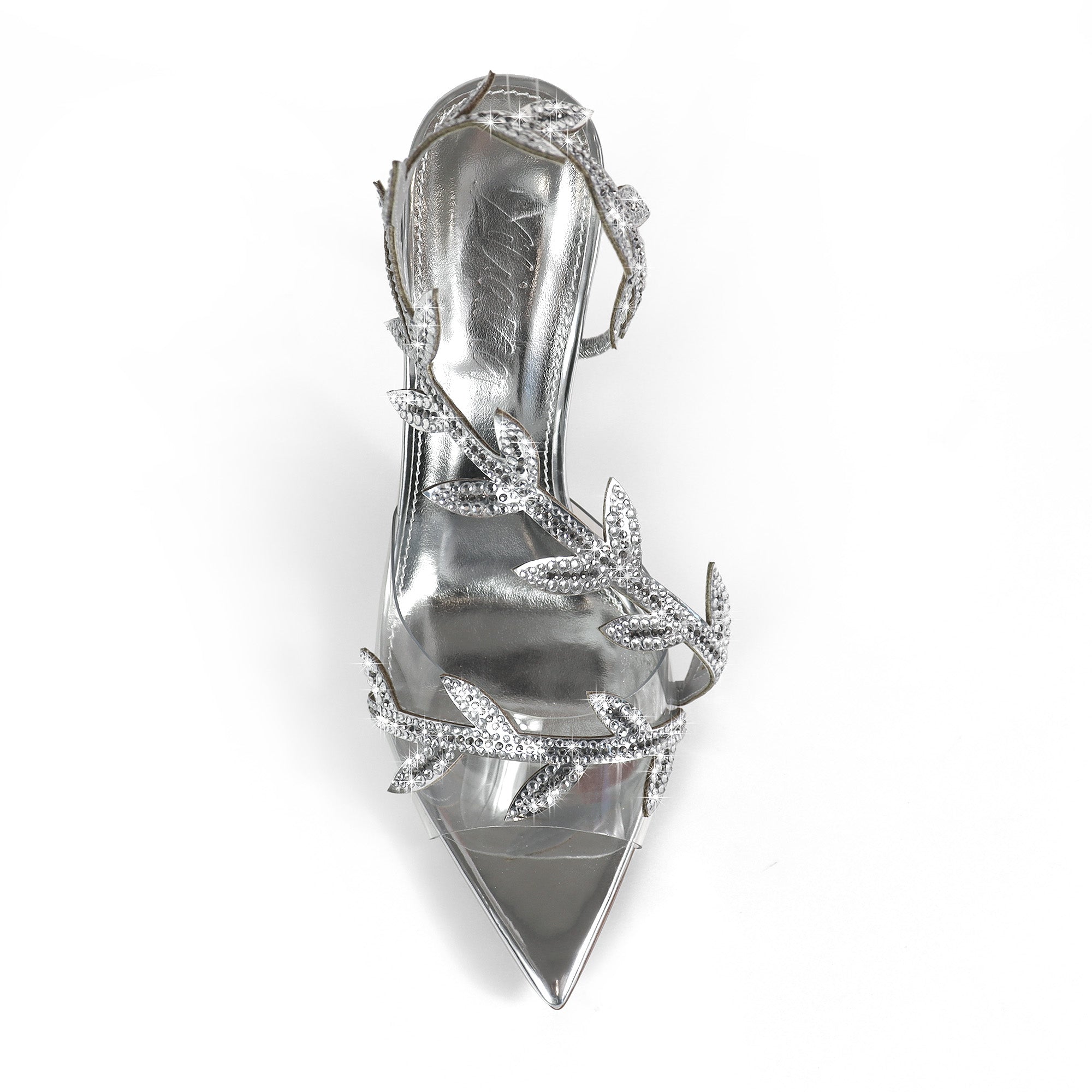 LAUCIA-42 POINTED TOE ANKLE RHINESTONE LEAVES STRAP W/STILETTO HEEL SILVER