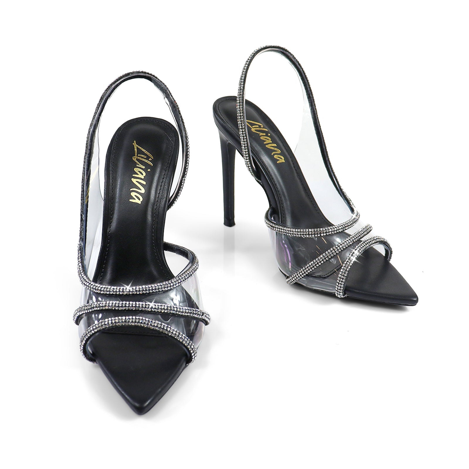 LAURENT-139 POINTED TOE RHINESTONE STRAP HEEL BLACK