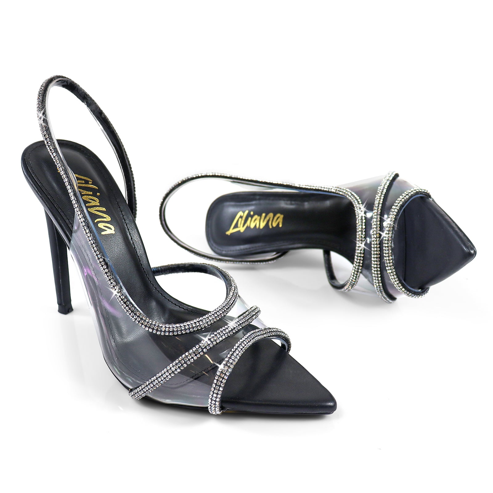 LAURENT-139 POINTED TOE RHINESTONE STRAP HEEL BLACK