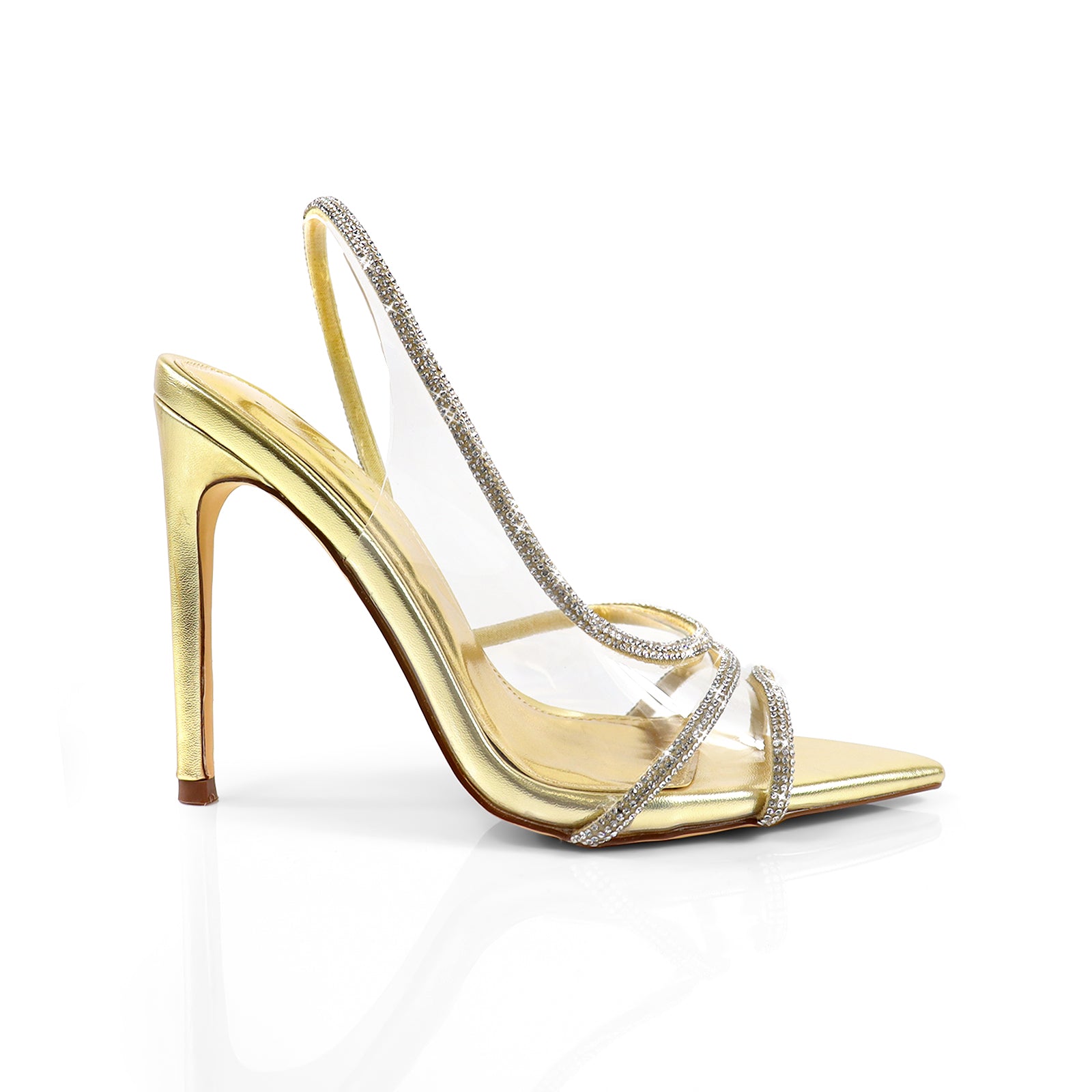 LAURENT-139 POINTED TOE RHINESTONE STRAP HEEL GOLD