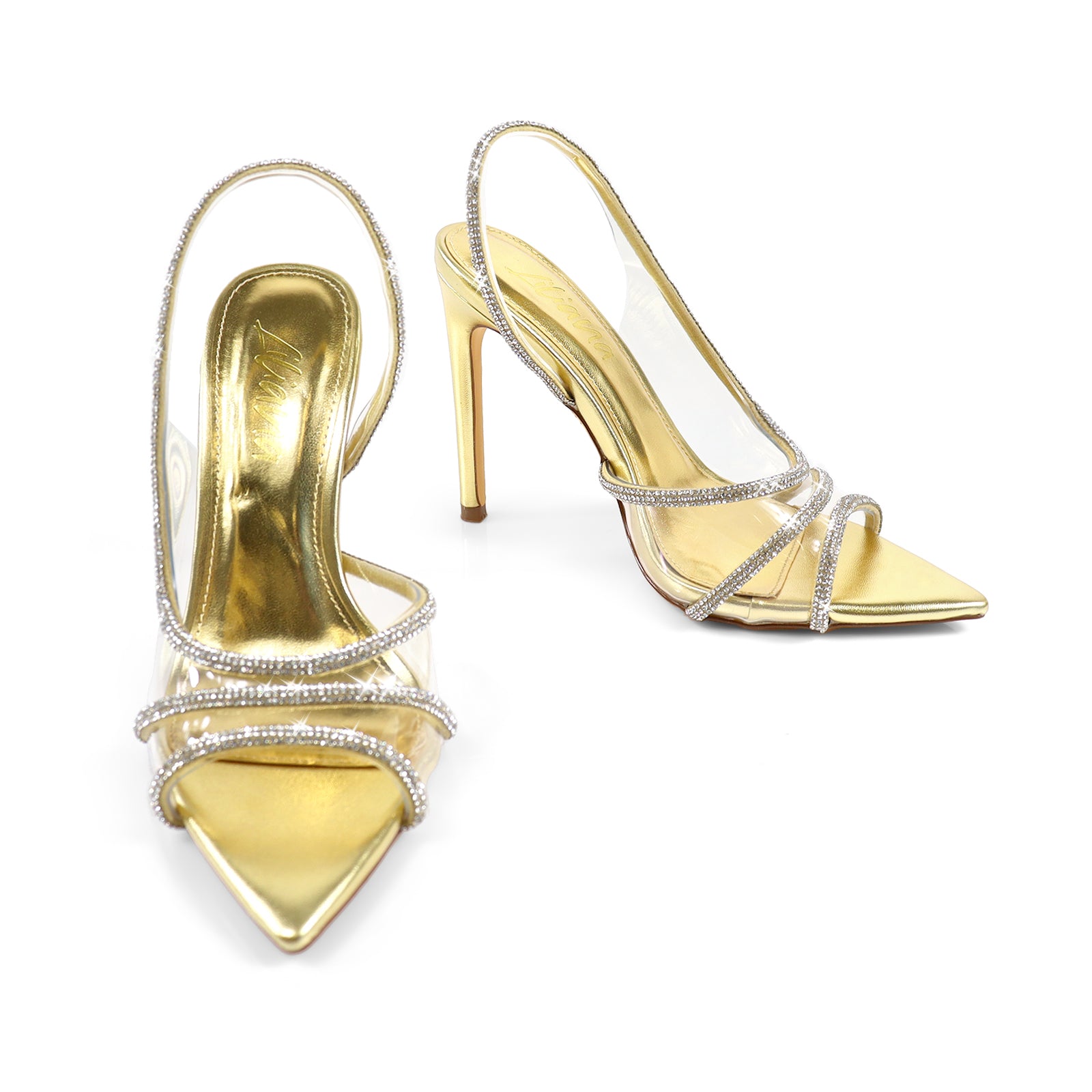LAURENT-139 POINTED TOE RHINESTONE STRAP HEEL GOLD