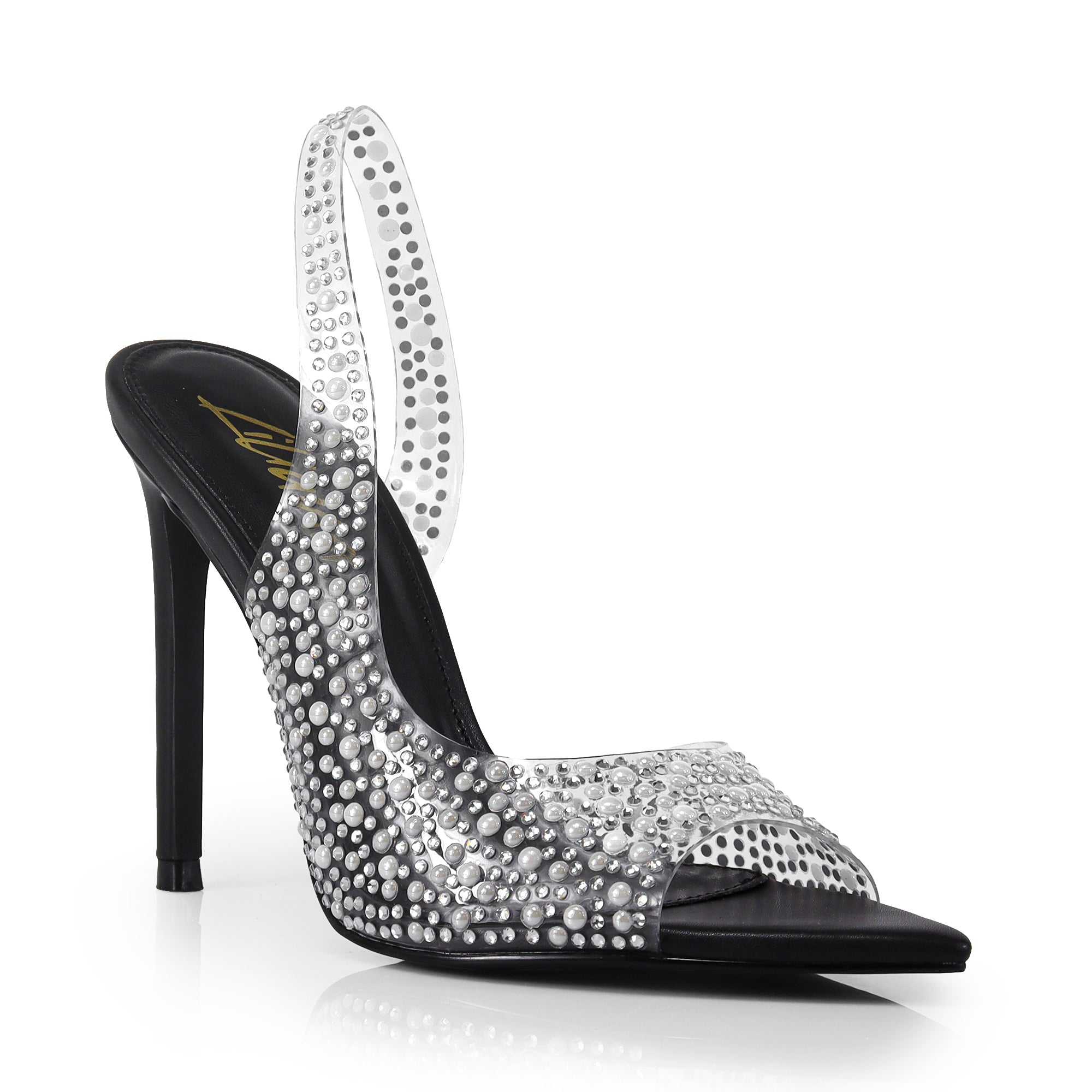 LAURENT-148 PEEP TOE SLINGBACK RHINESTONE W/ HEEL BLACK