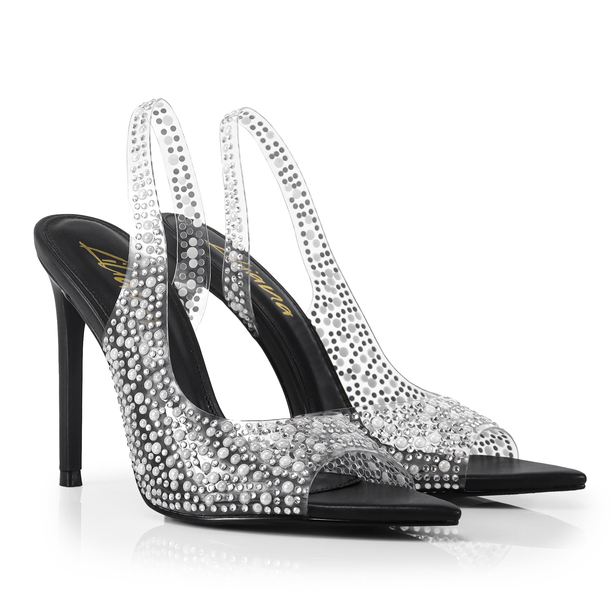 LAURENT-148 PEEP TOE SLINGBACK RHINESTONE W/ HEEL BLACK