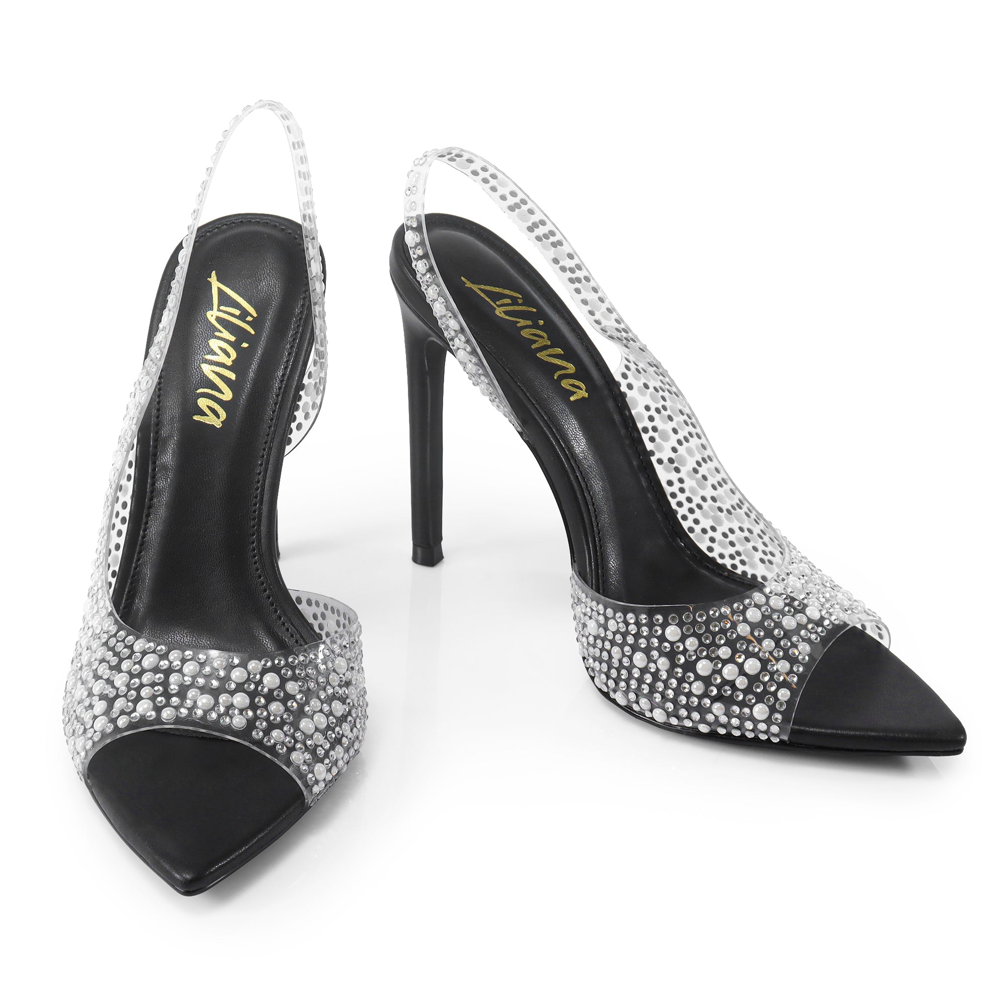 LAURENT-148 PEEP TOE SLINGBACK RHINESTONE W/ HEEL BLACK