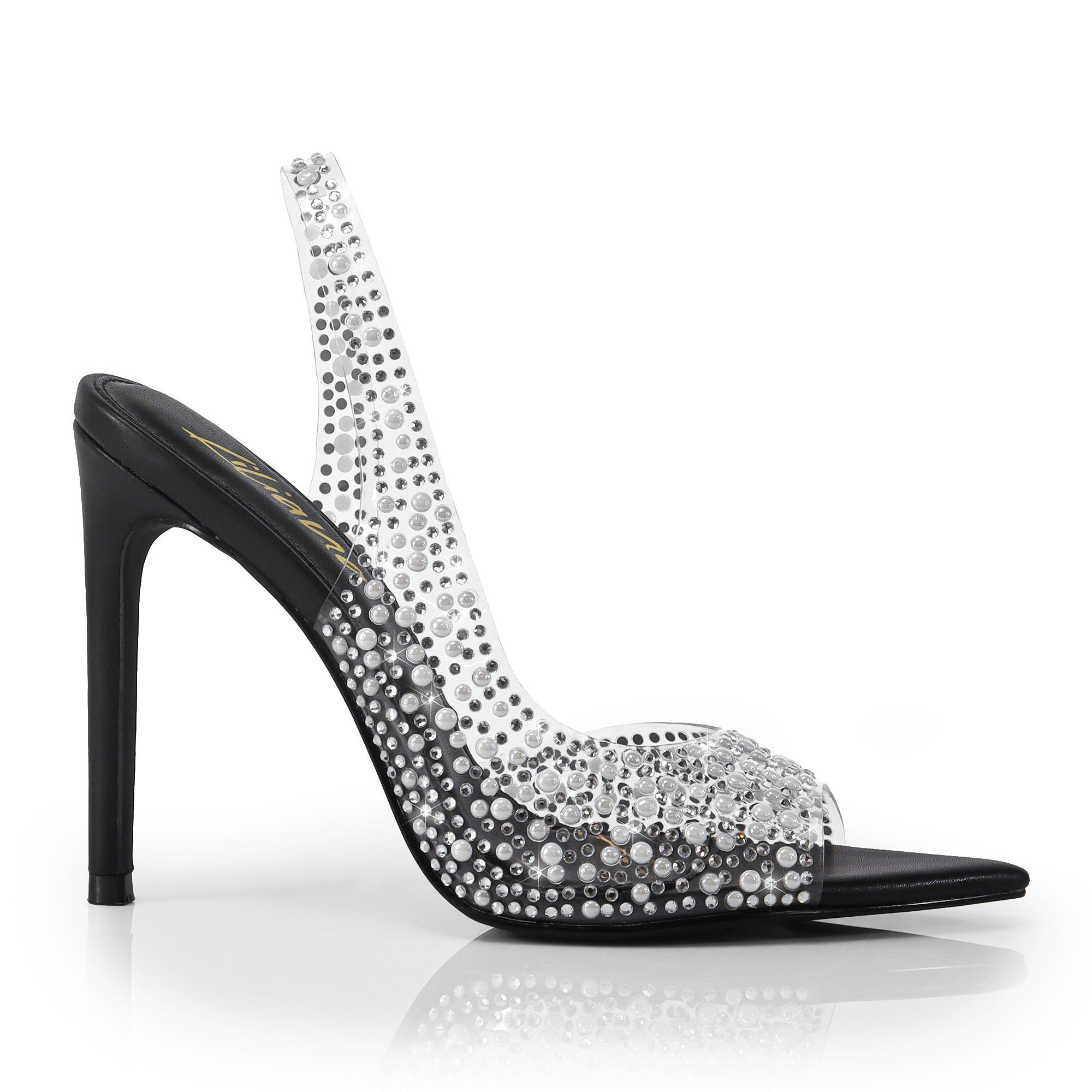 LAURENT-148 PEEP TOE SLINGBACK RHINESTONE W/ HEEL BLACK