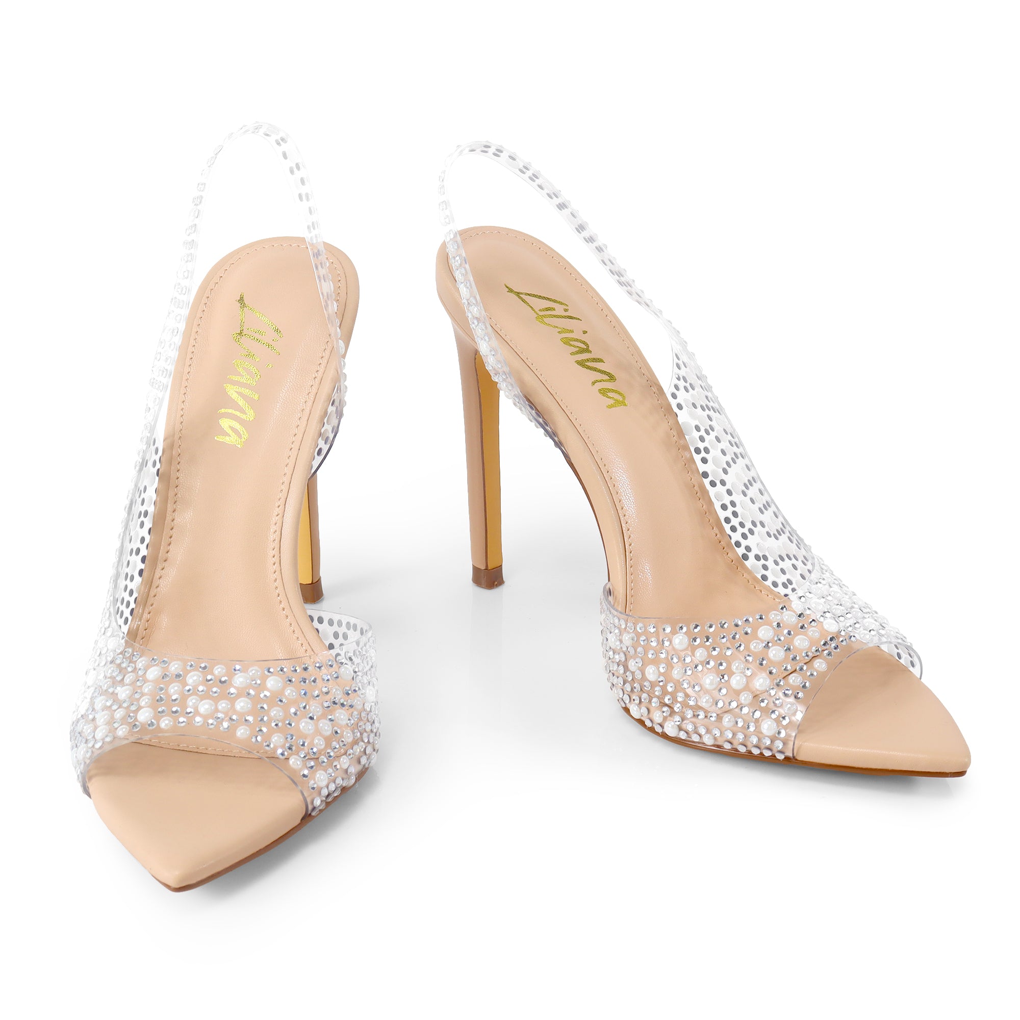 LAURENT-148 PEEP TOE SLINGBACK RHINESTONE W/ HEEL NUDE