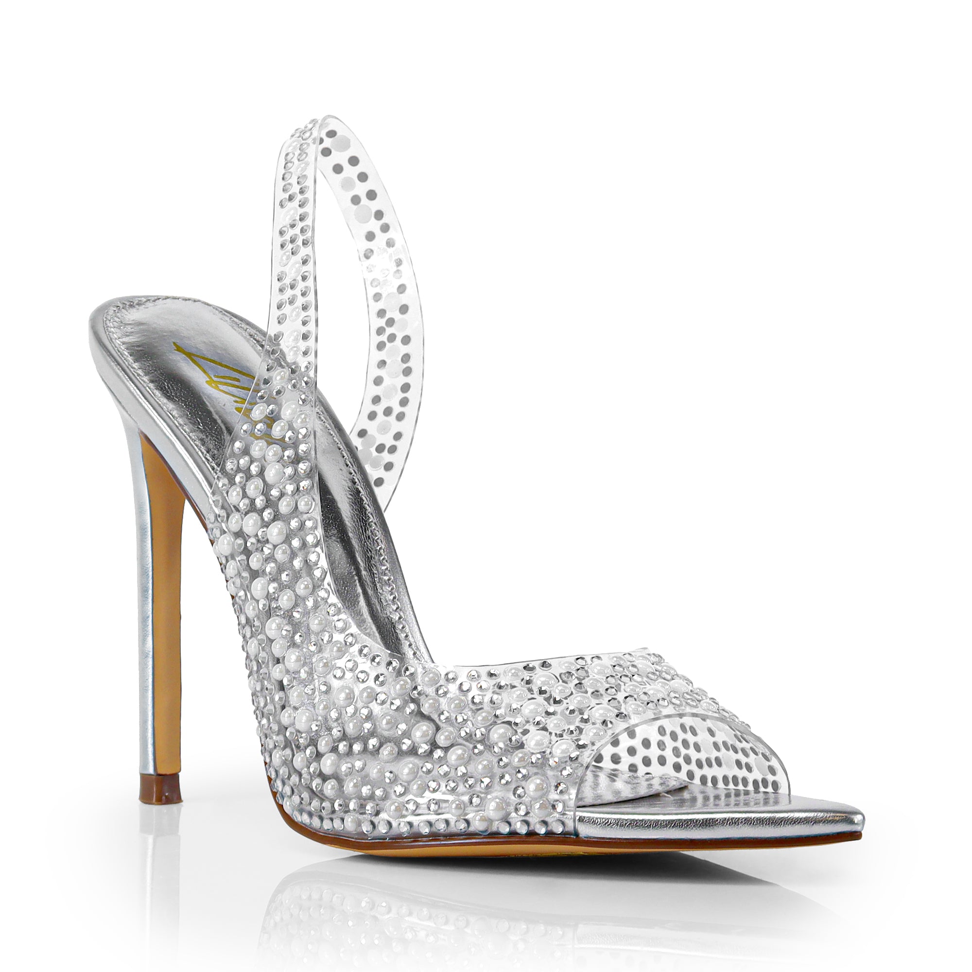 LAURENT-148 PEEP TOE SLINGBACK RHINESTONE W/ HEEL SILVER