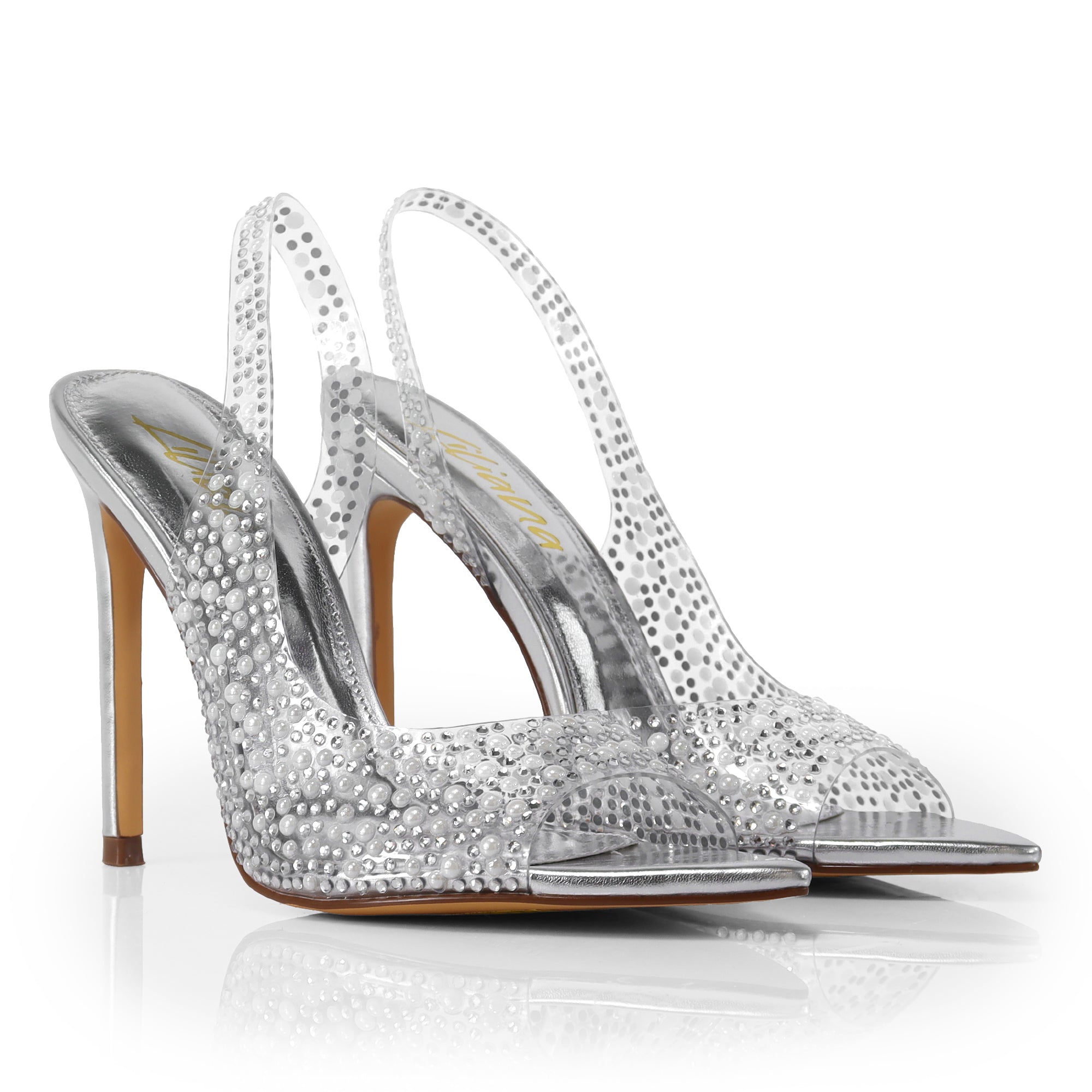 LAURENT-148 PEEP TOE SLINGBACK RHINESTONE W/ HEEL SILVER