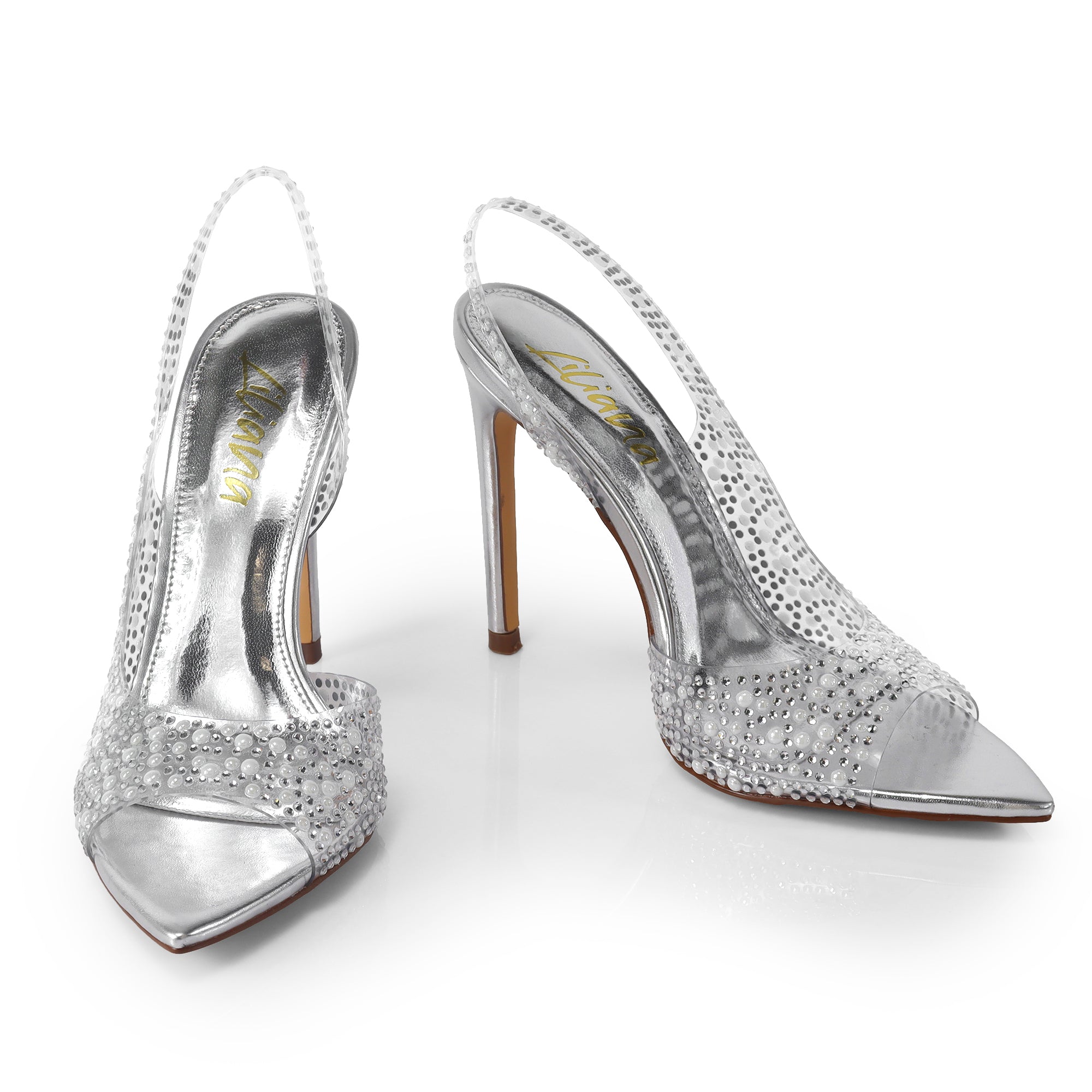 LAURENT-148 PEEP TOE SLINGBACK RHINESTONE W/ HEEL SILVER