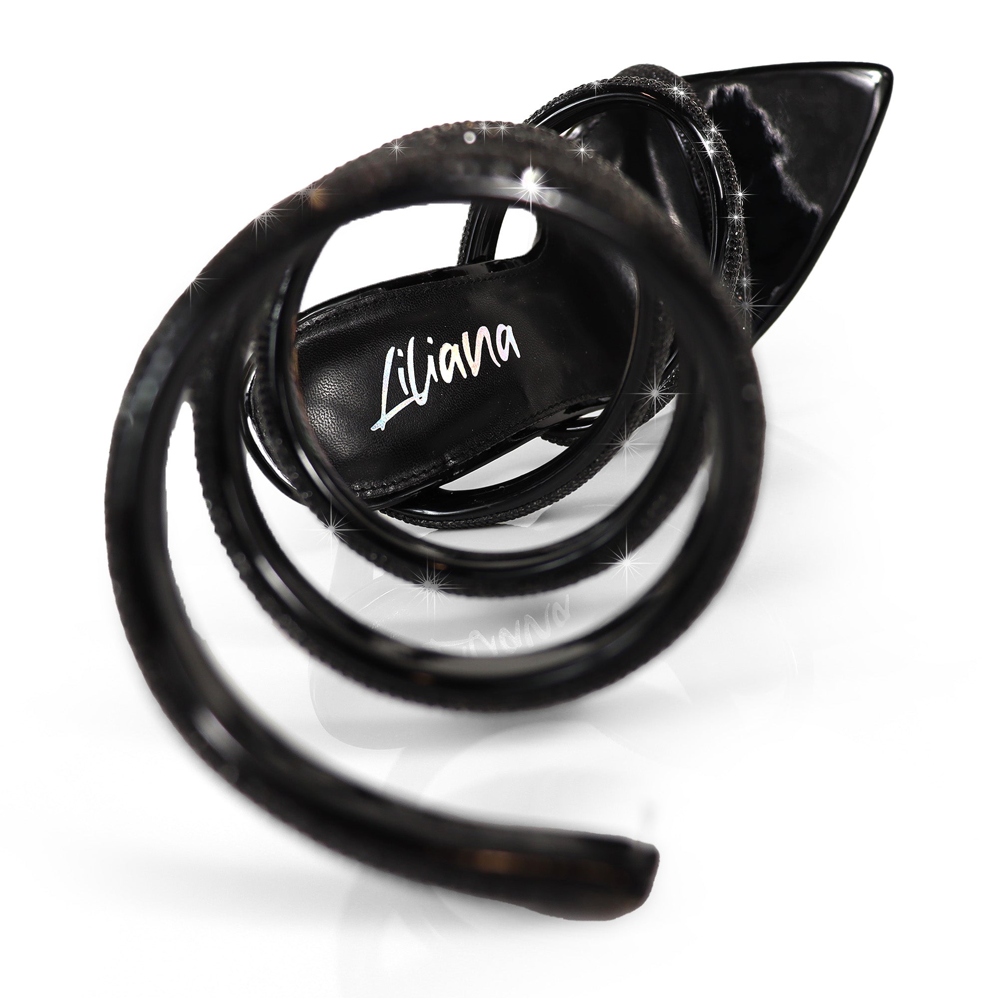 LAURENT-157 POINTED TOE RHINESTONE TUBULAR SPIRAL STRAP W/HEEL BLACK