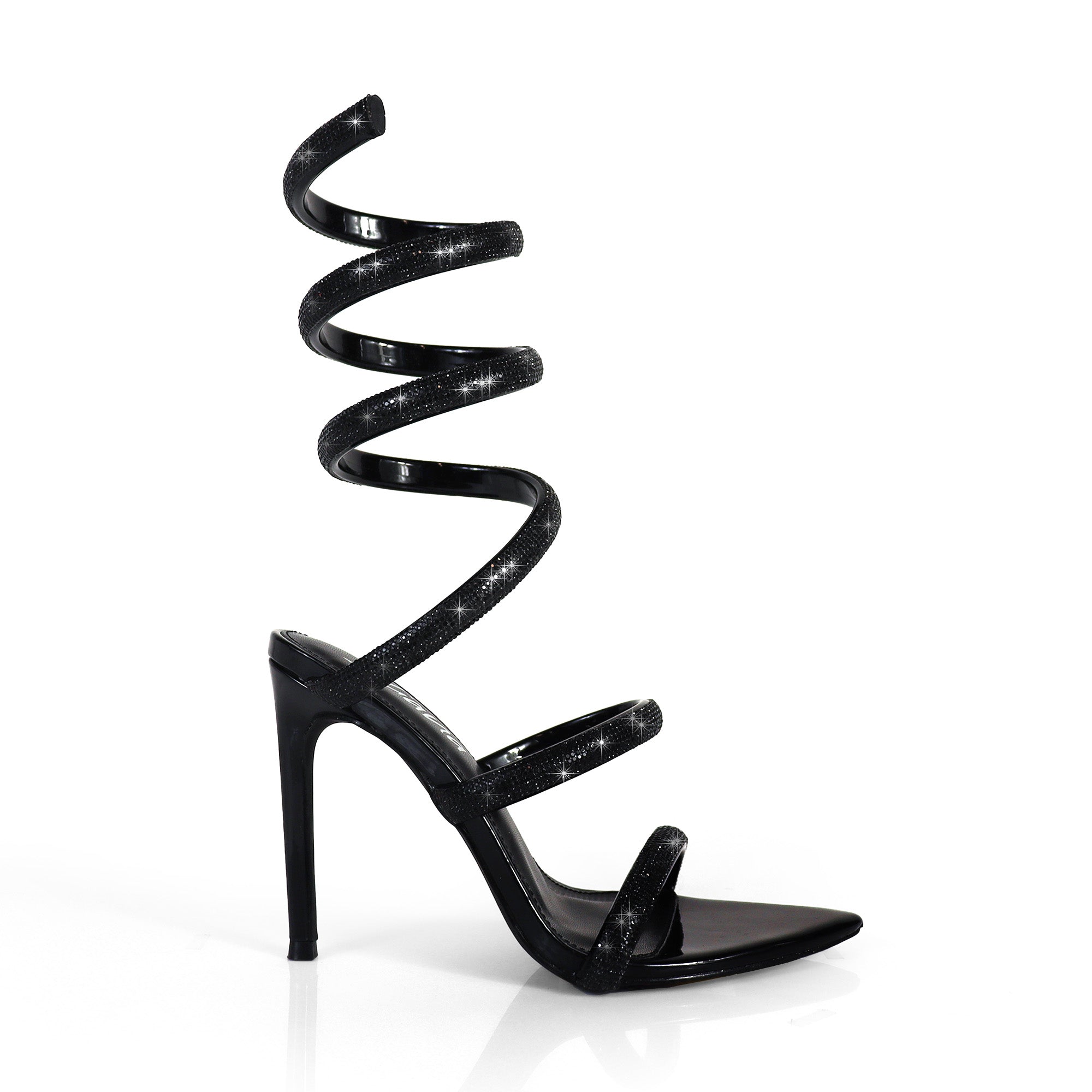 LAURENT-157 POINTED TOE RHINESTONE TUBULAR SPIRAL STRAP W/HEEL BLACK