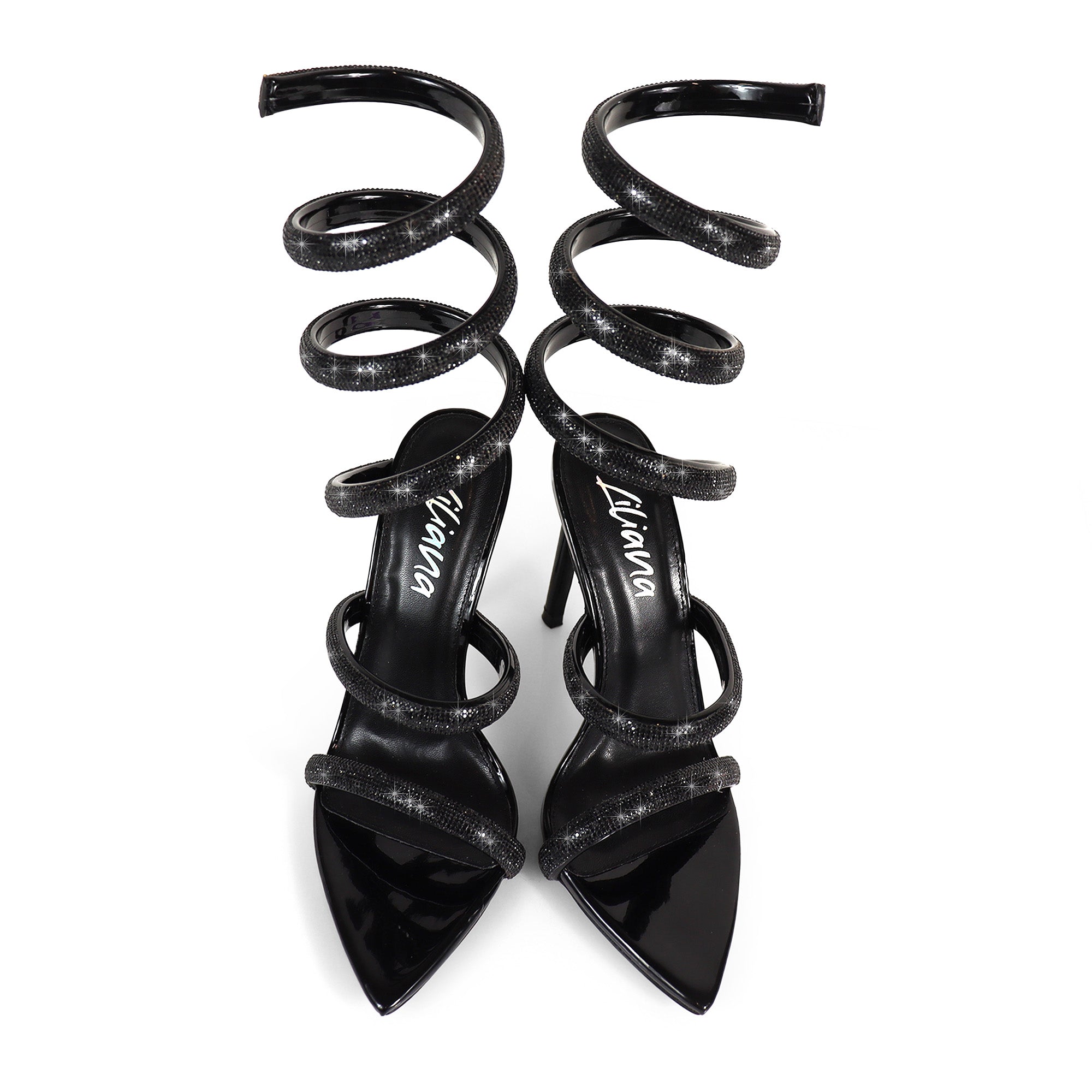 LAURENT-157 POINTED TOE RHINESTONE TUBULAR SPIRAL STRAP W/HEEL BLACK