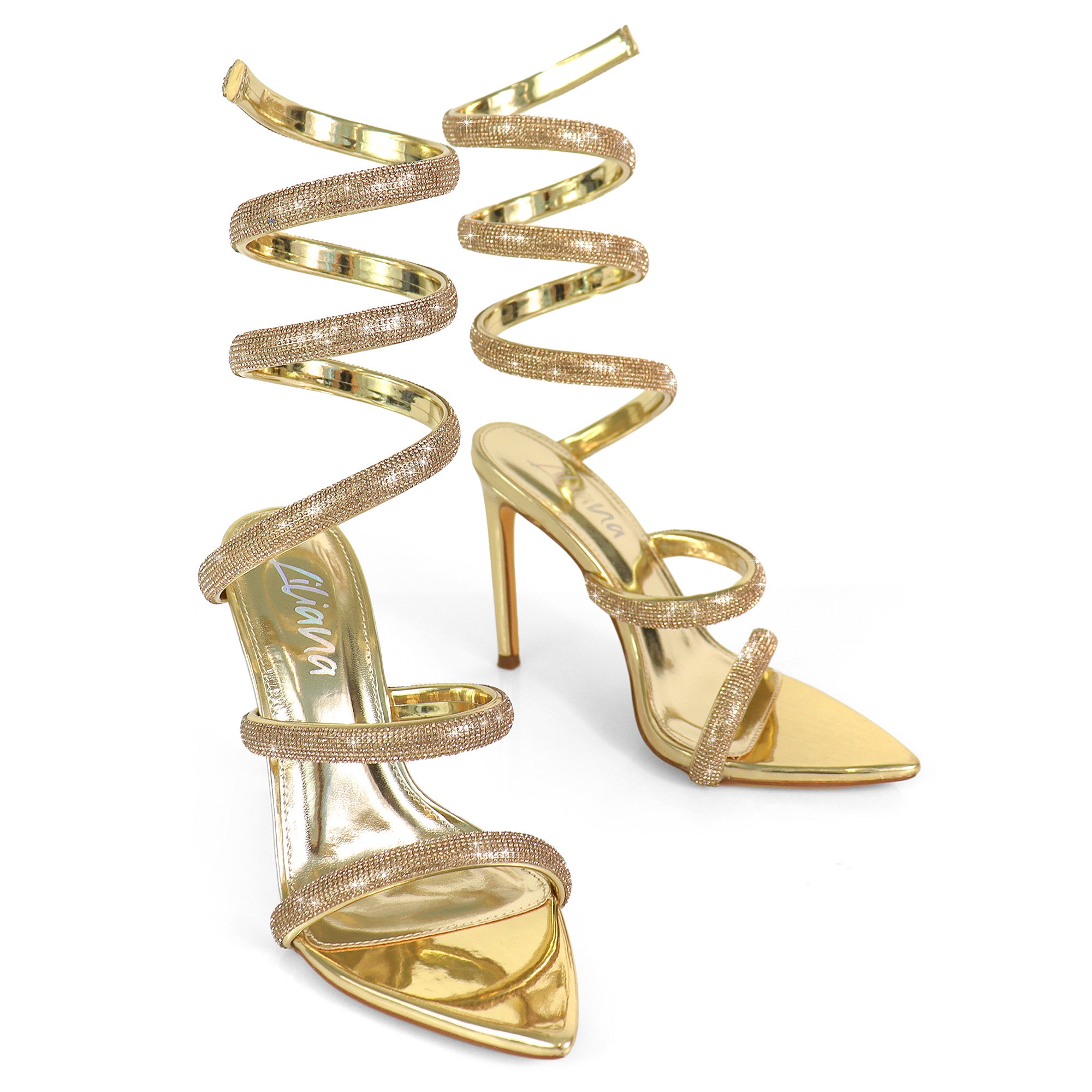 LAURENT-157 POINTED TOE RHINESTONE TUBULAR SPIRAL STRAP W/HEEL GOLD