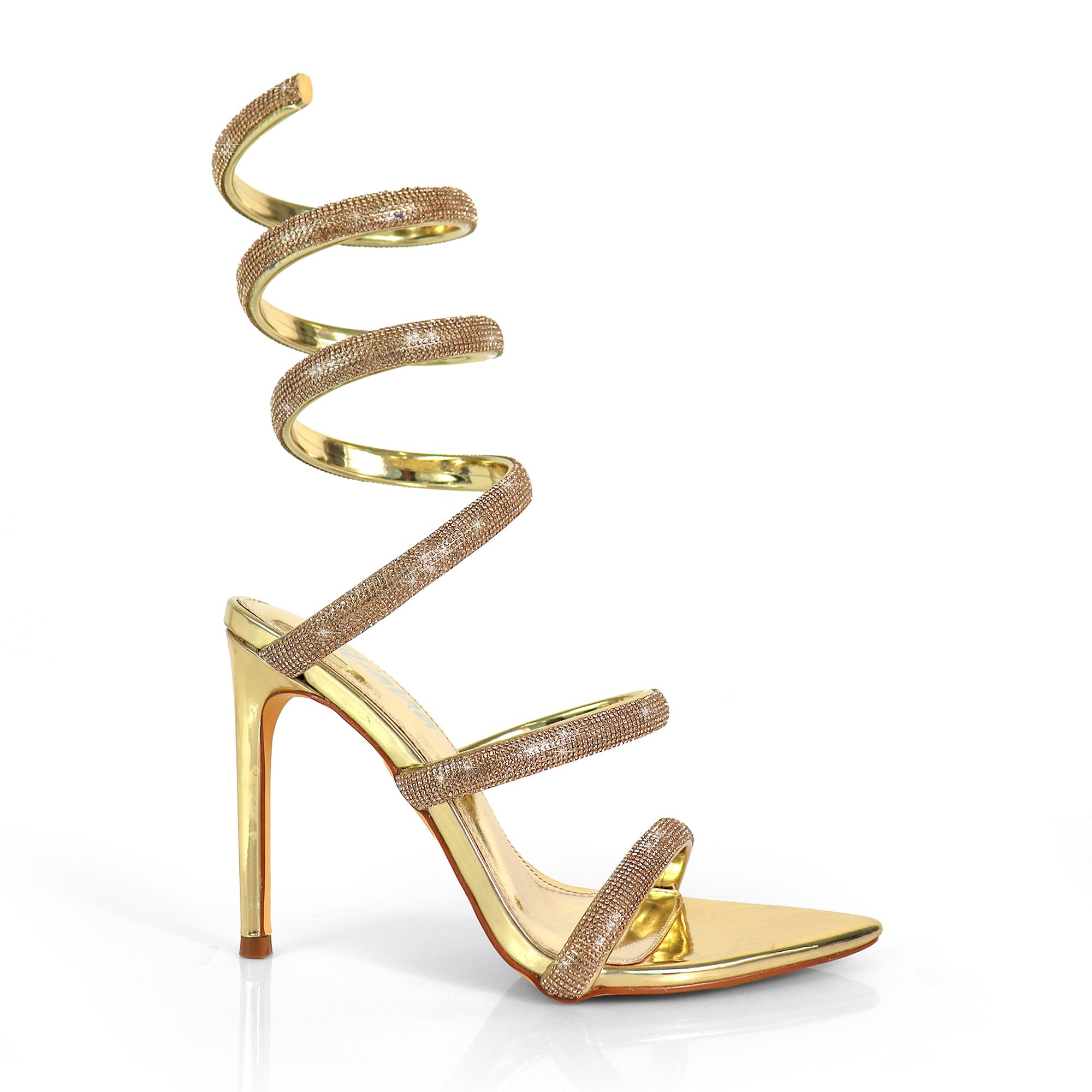 LAURENT-157 POINTED TOE RHINESTONE TUBULAR SPIRAL STRAP W/HEEL GOLD