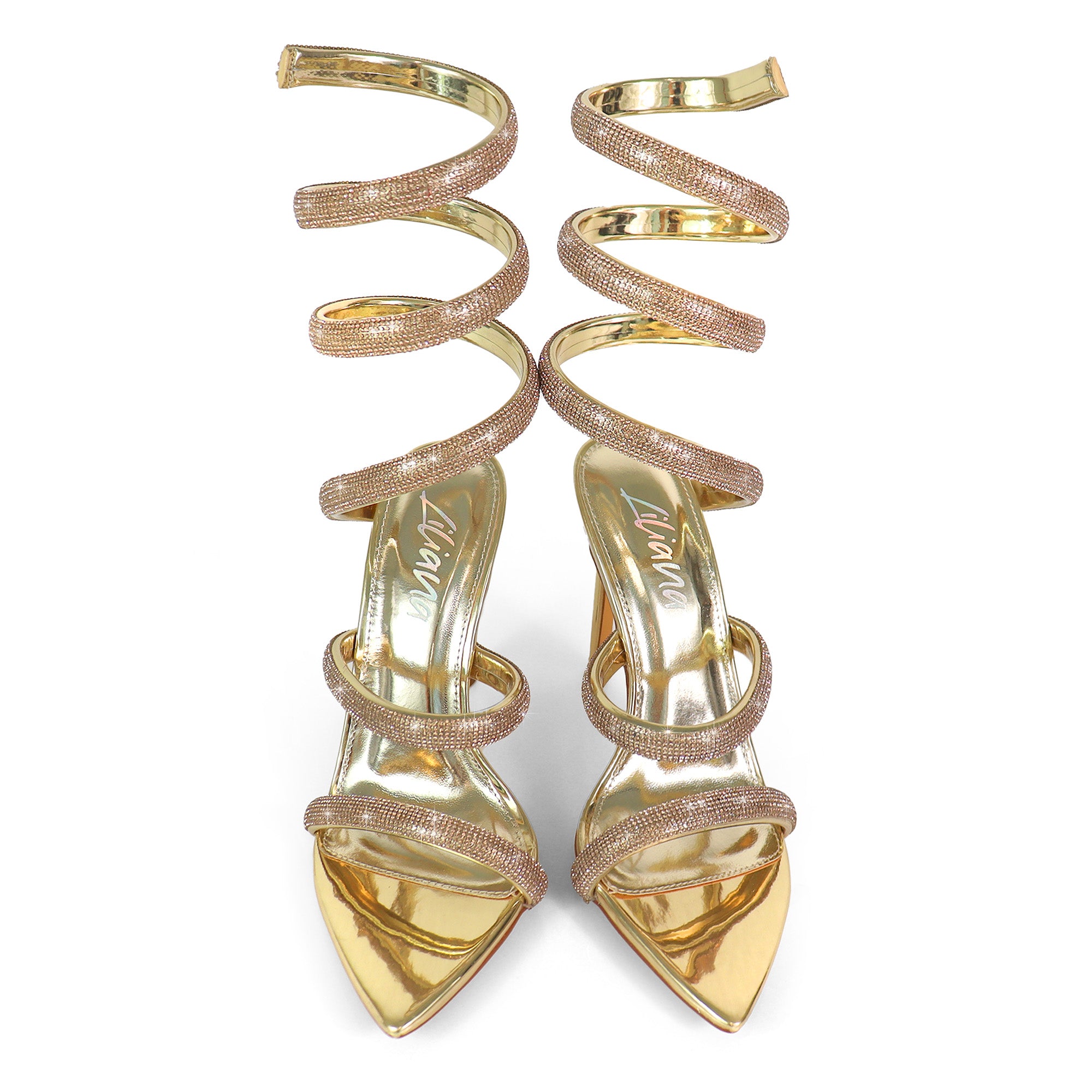 LAURENT-157 POINTED TOE RHINESTONE TUBULAR SPIRAL STRAP W/HEEL GOLD